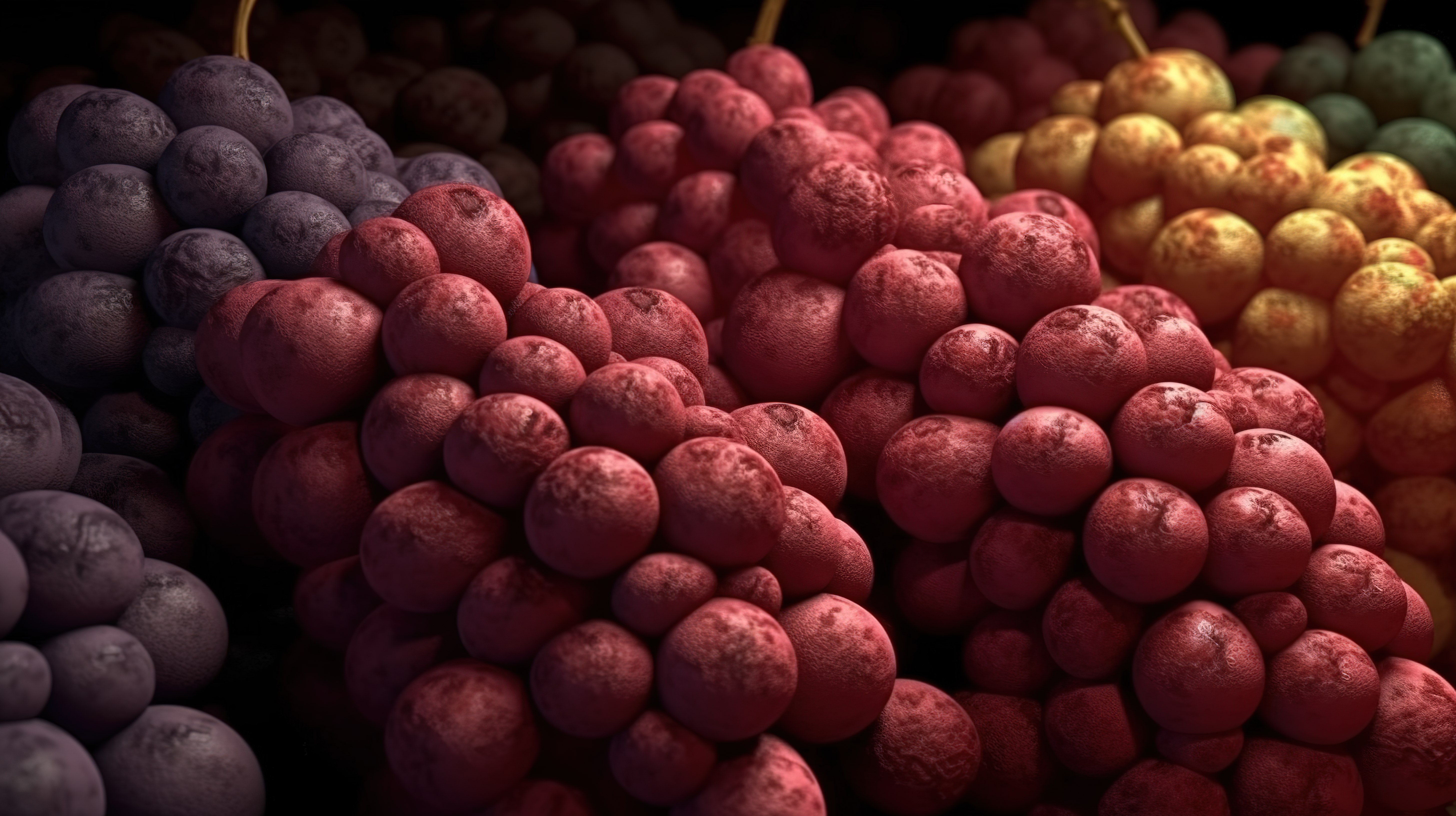 紫色和粉色 3d 渲染的垂直葡萄串与葡萄酒色背景相映成趣图片