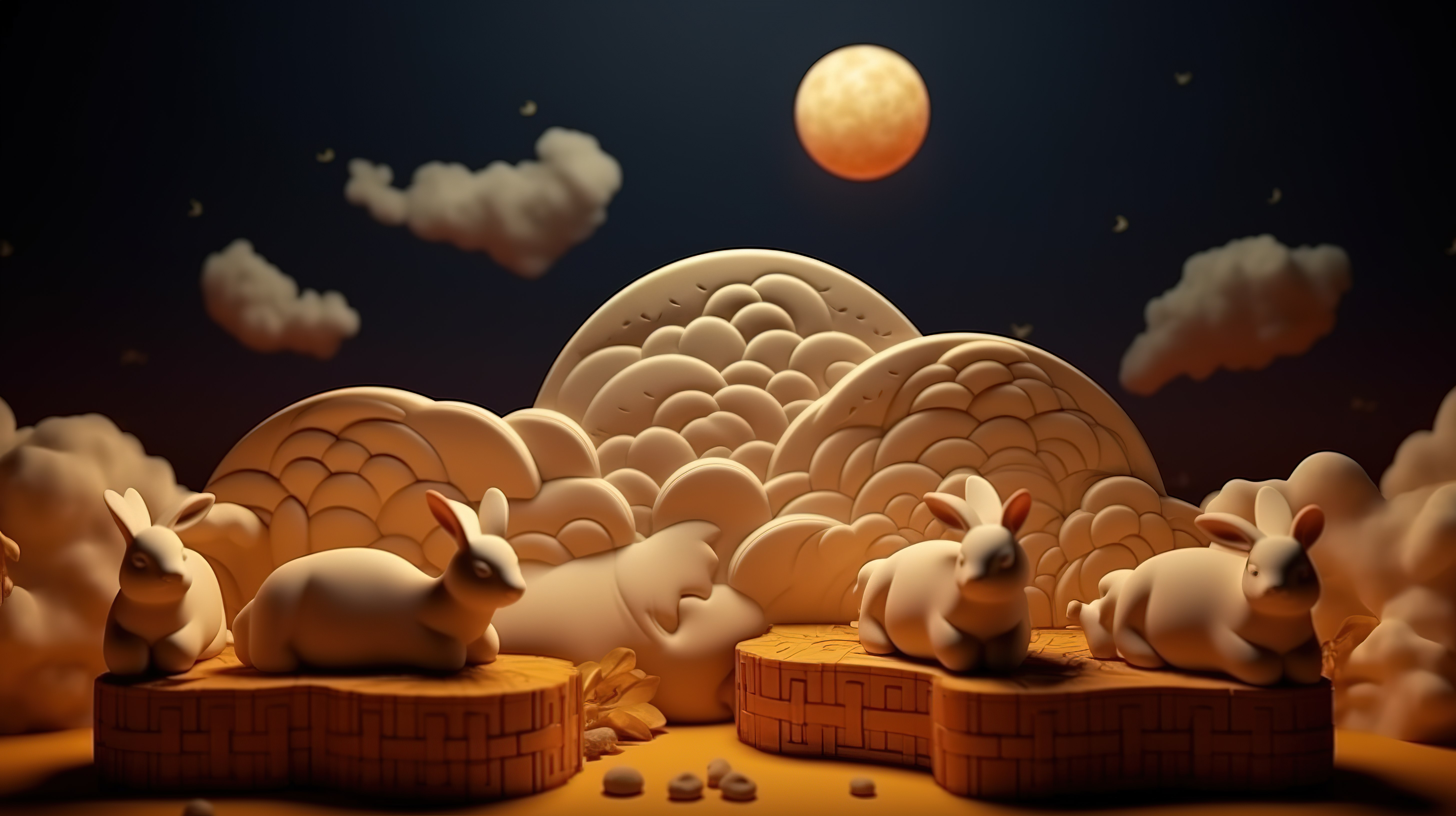 精致的满月云中秋节背景与3D渲染的兔子或兔子月饼图片