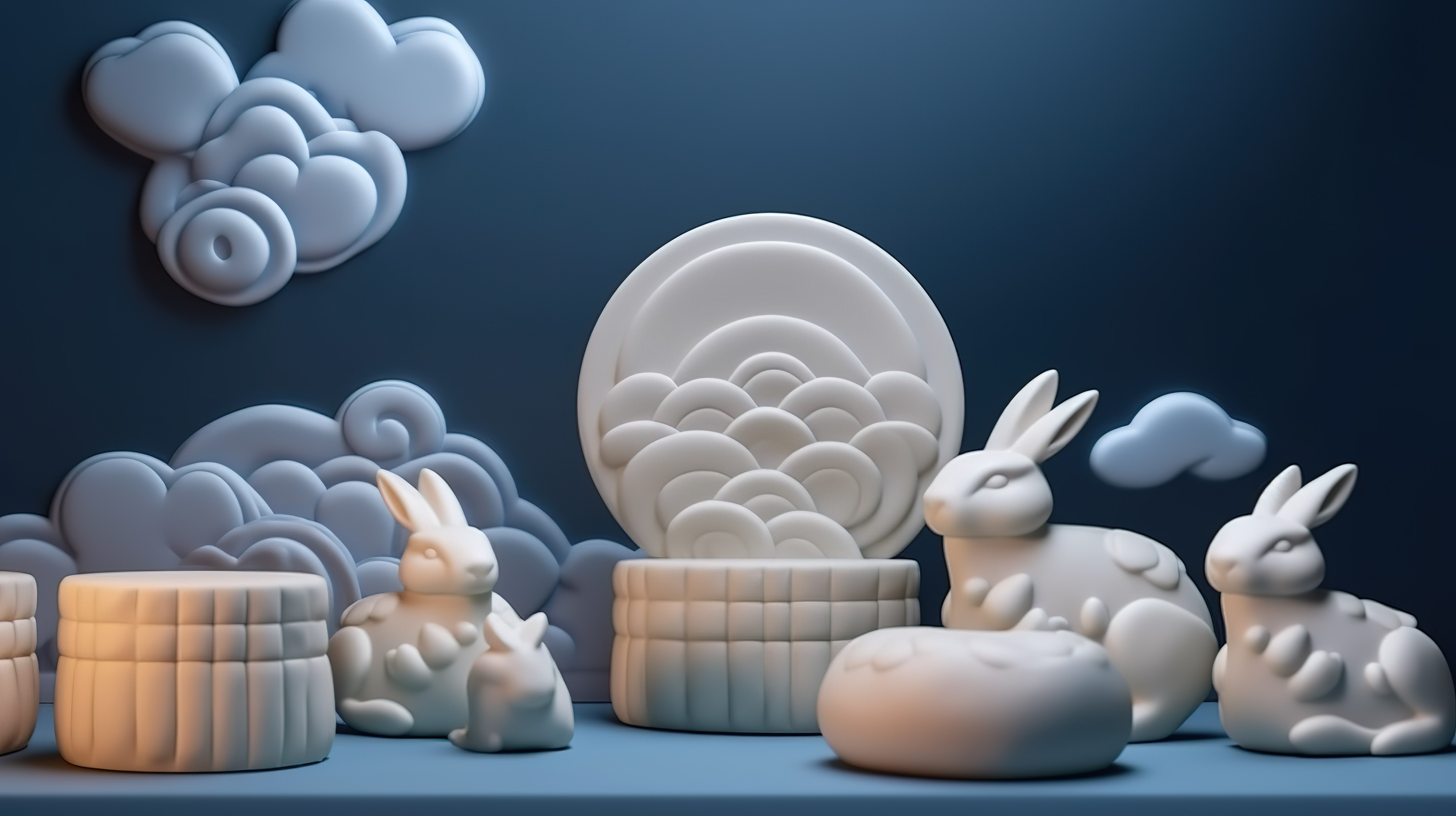 中秋节背景令人惊叹的可爱兔子月饼和多云满月的 3d 渲染图片