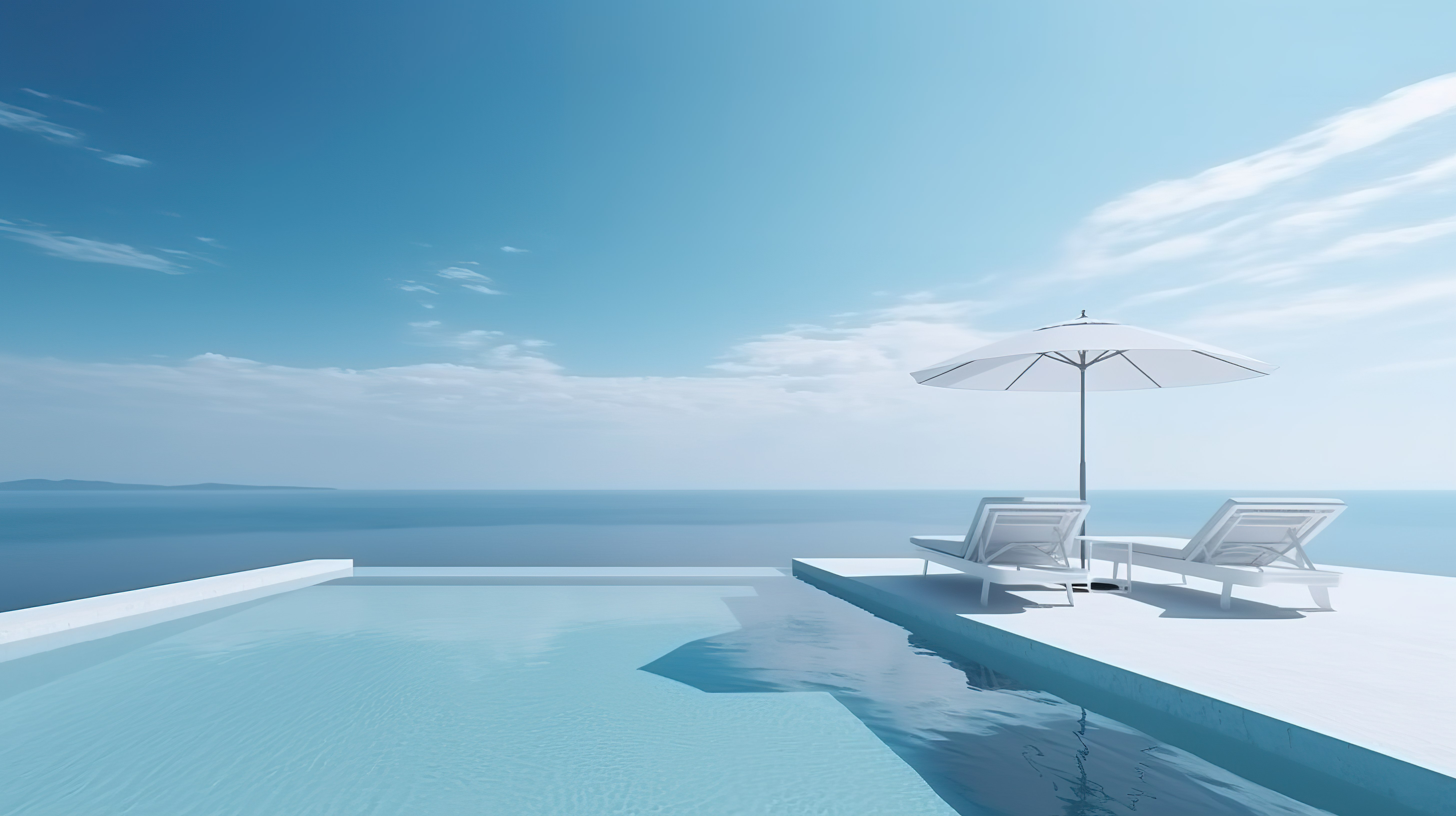 室外休息区泳池别墅和蓝海的豪华海滨度假 3d 渲染，可欣赏夏日天空图片