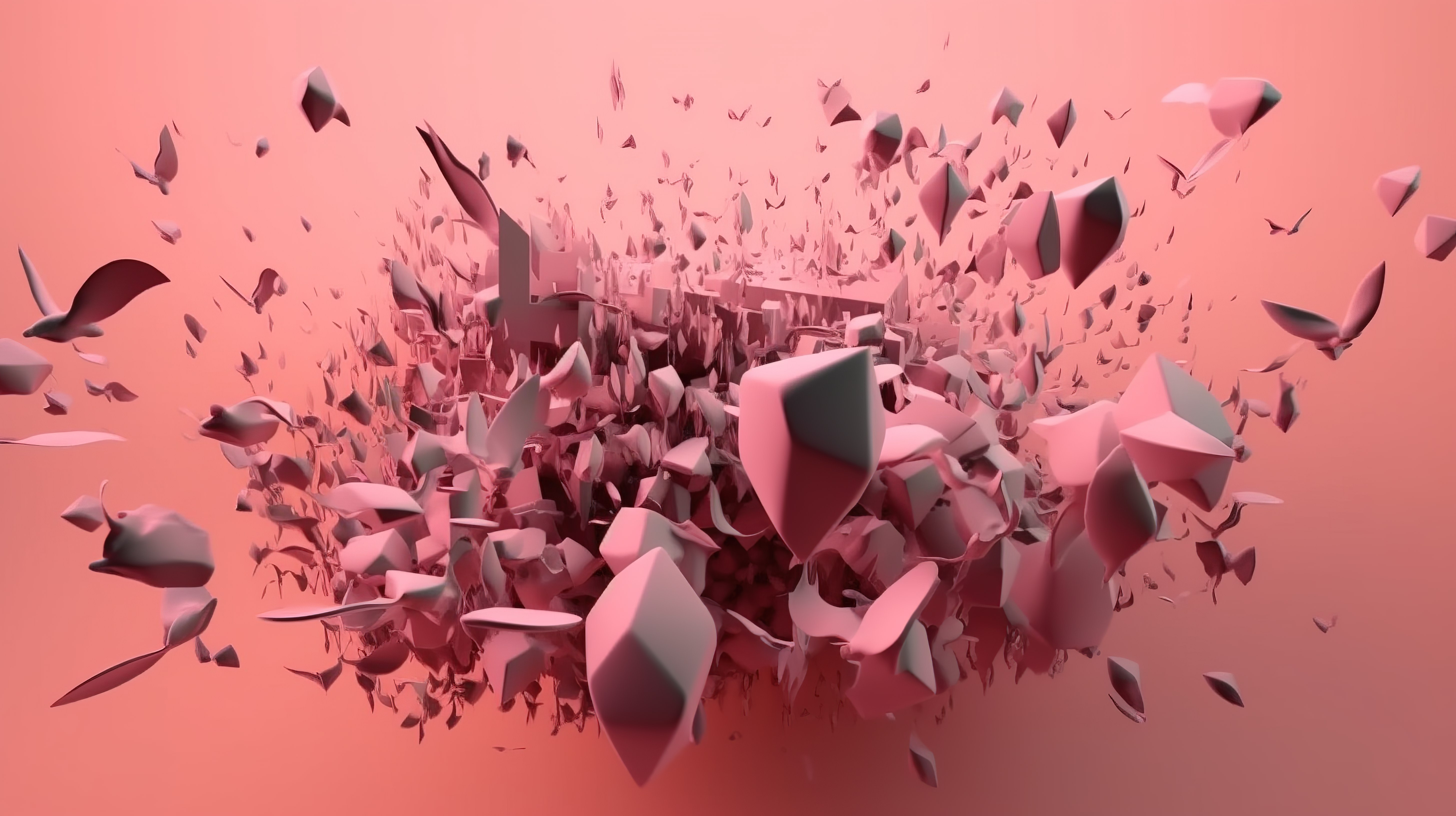 粉红色背景，几何扭曲图元和 3d 运动中的飞行形状图片