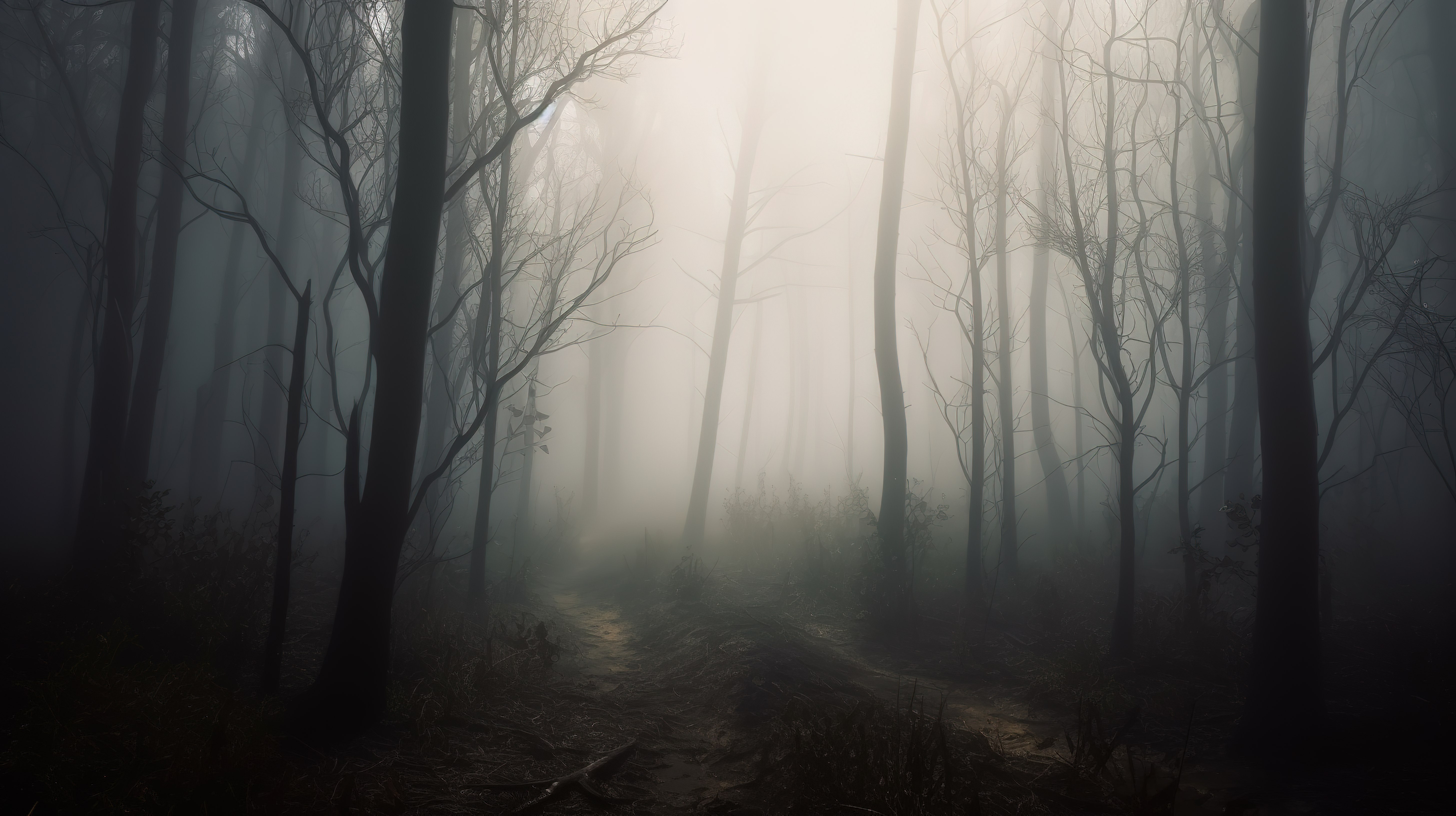 阴森恐怖的 3d 森林雾中骨骼场景图片