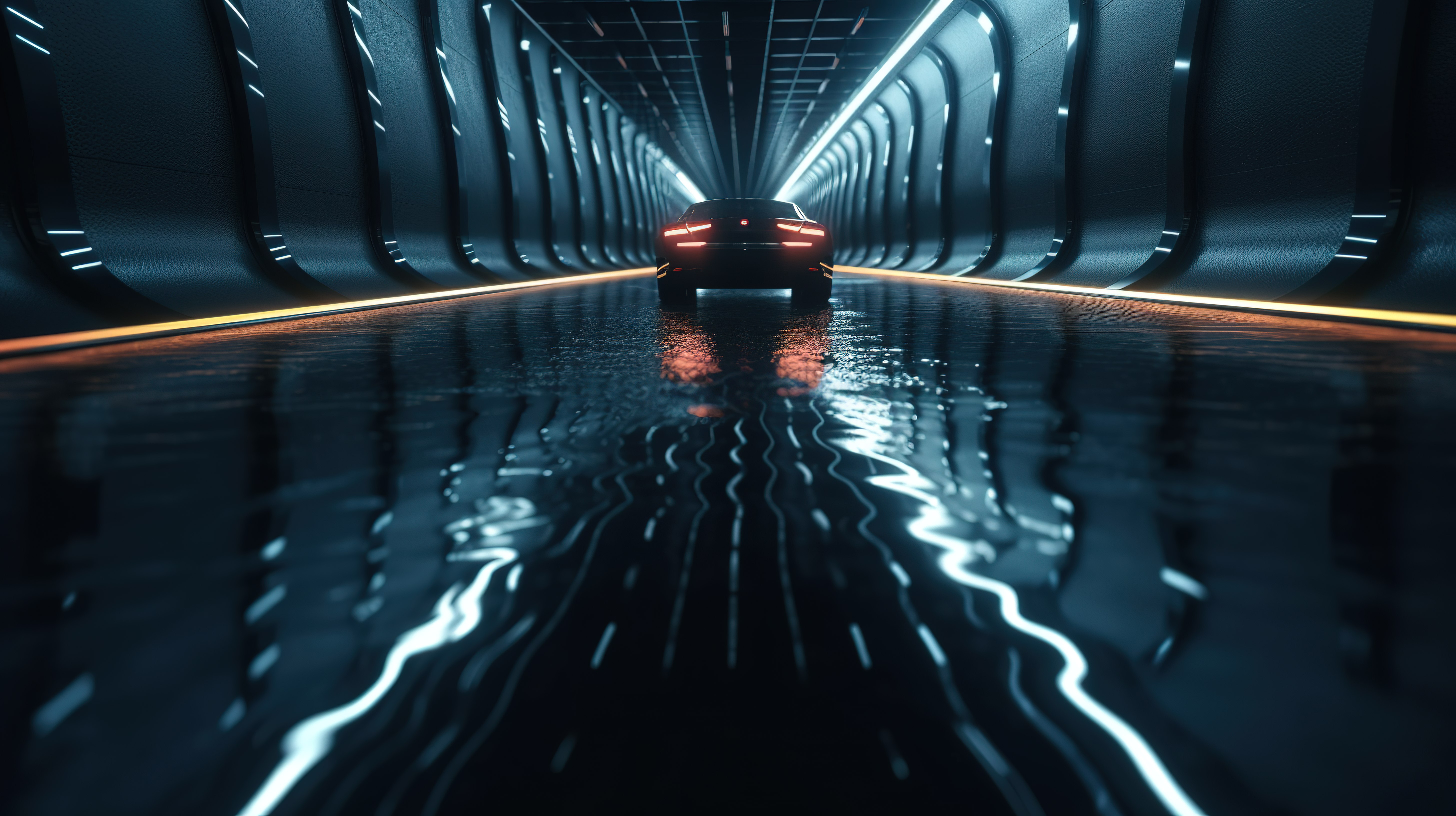 用 LED 灯和街道反射照明的弯曲隧道非常适合高科技汽车广告背景图片