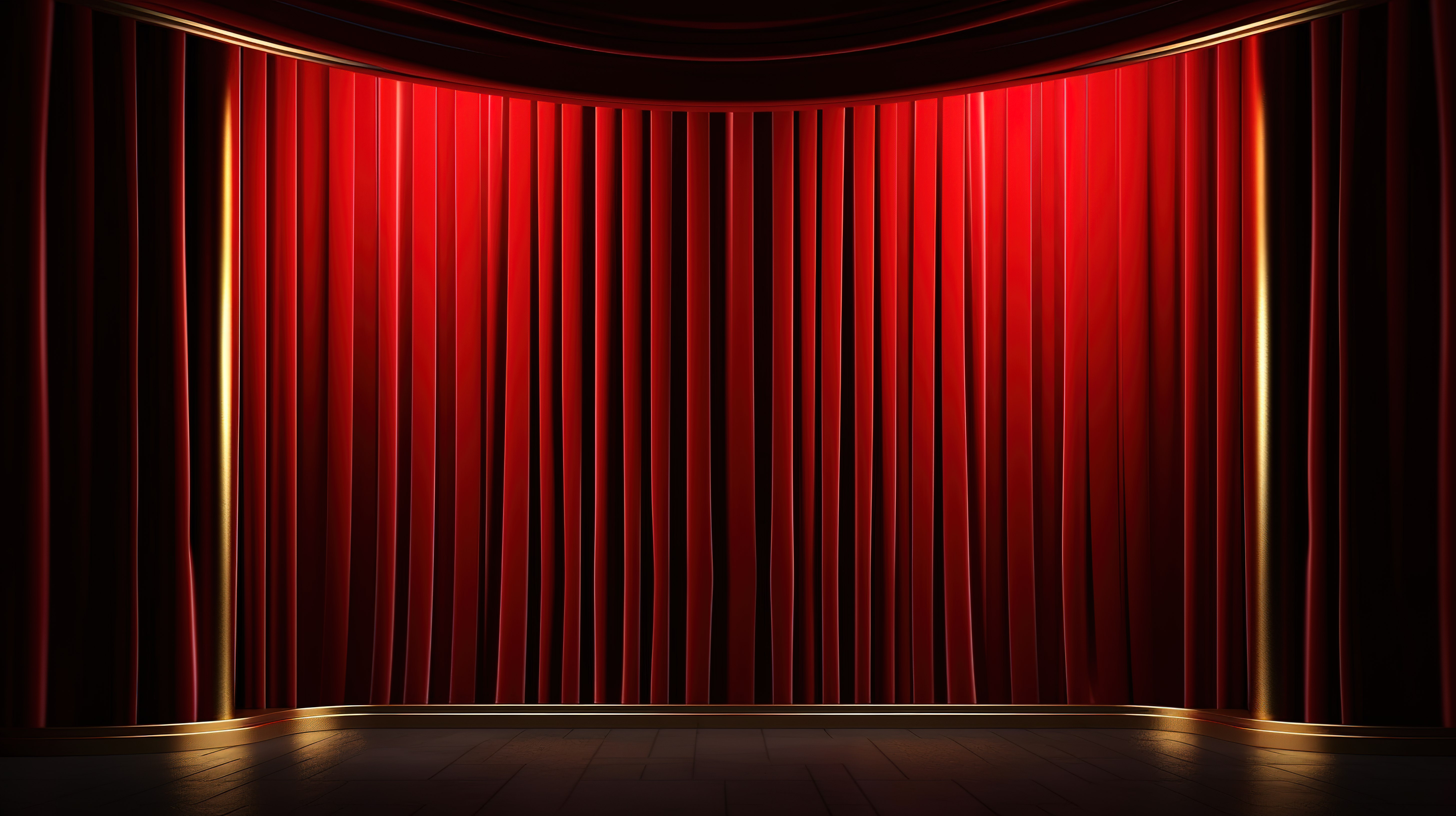 闪闪发光的红色舞台幕布，带有金色条纹沉浸式 3D 渲染，用于演示图片