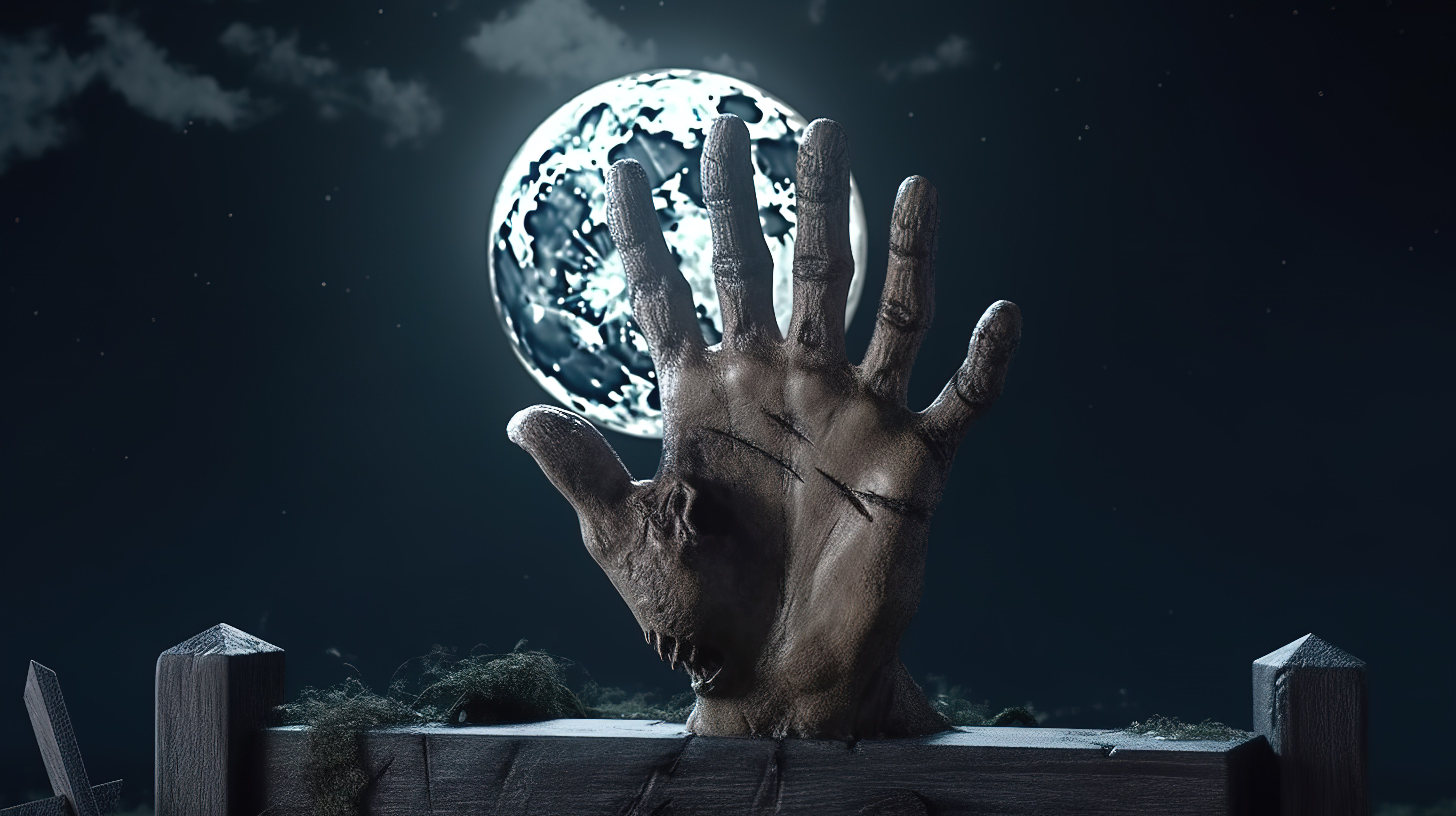 在闹鬼的墓地里，在月光下的夜空下，一只僵尸手带着一块木牌从地上冒出来的残忍的 3d 渲染图片