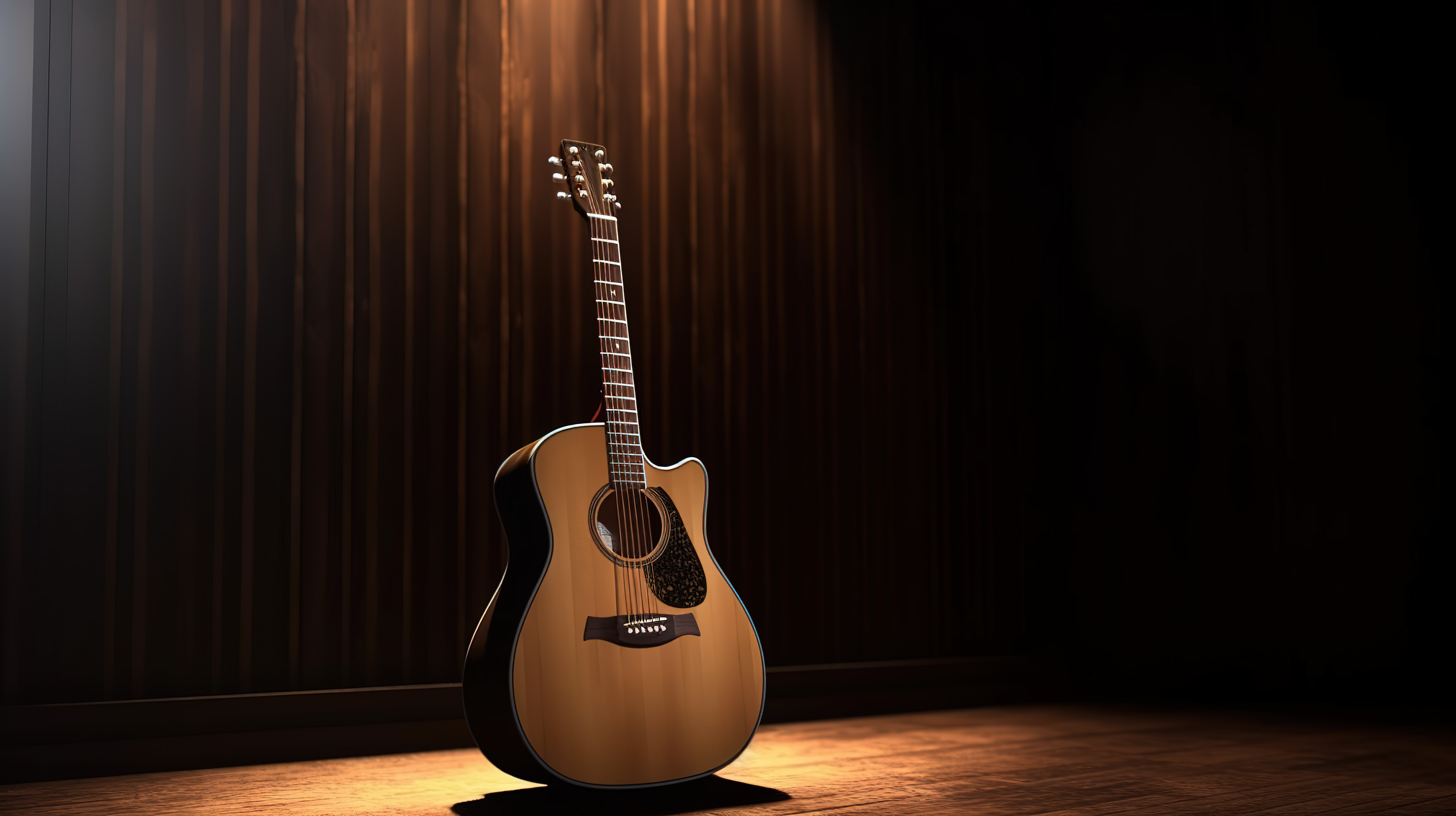 具有充足空白空间的 3d 渲染中的原声吉他背景图片