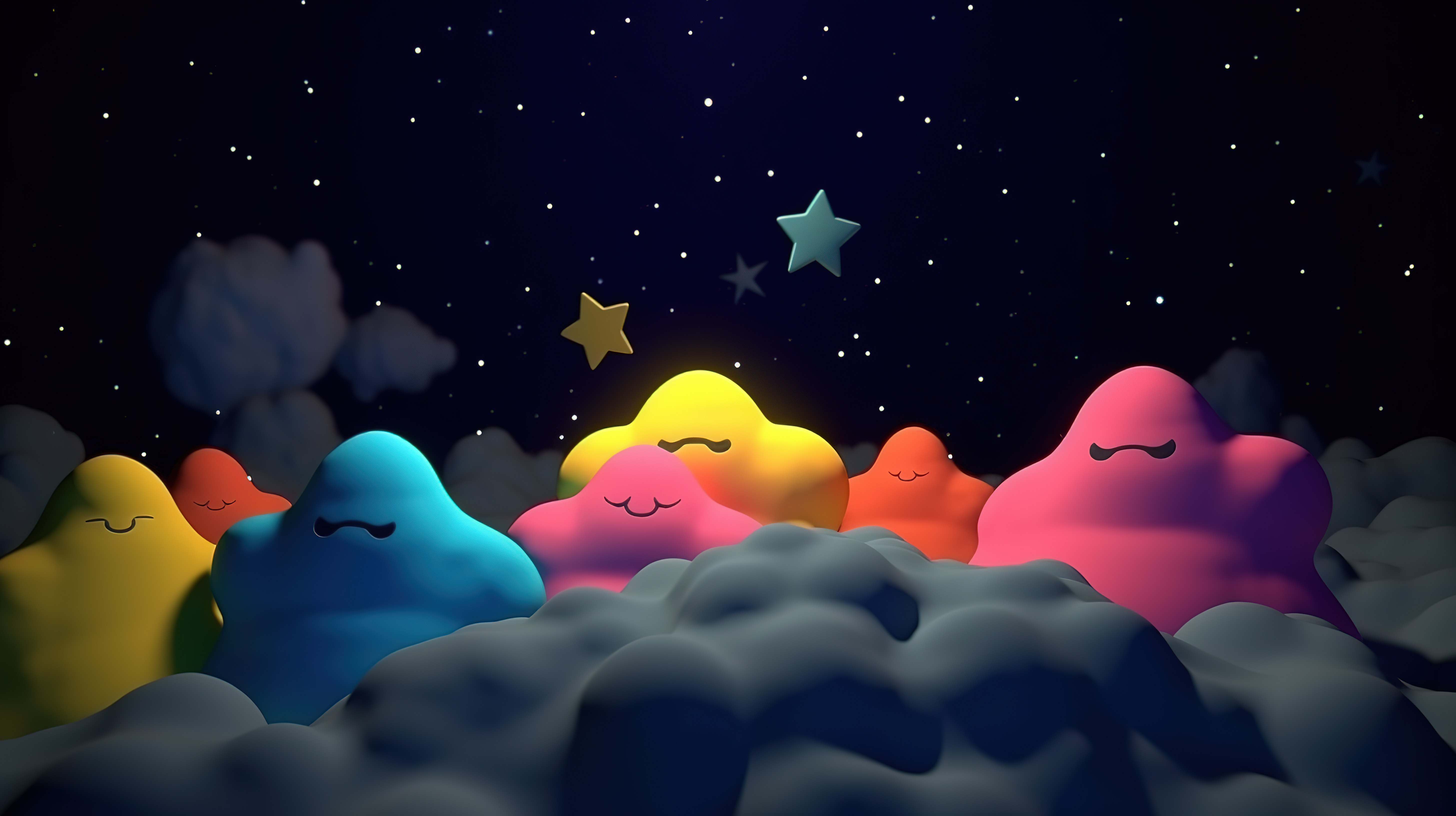 充满活力的夜空与 3d 卡通云彩和五颜六色的星星图片