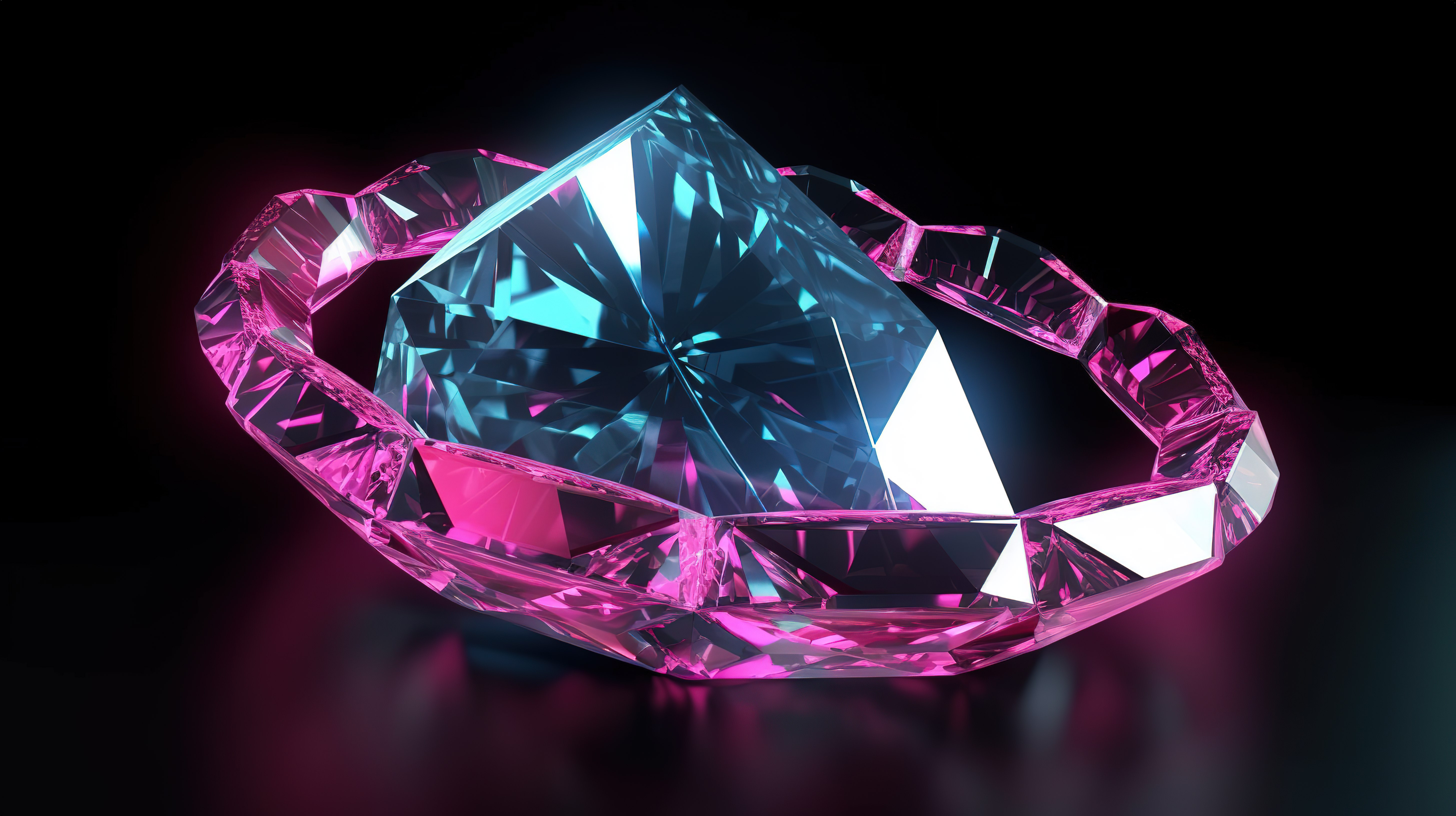 深色背景被 3D 渲染中的辐射粉色和蓝色 LED 钻石照亮图片