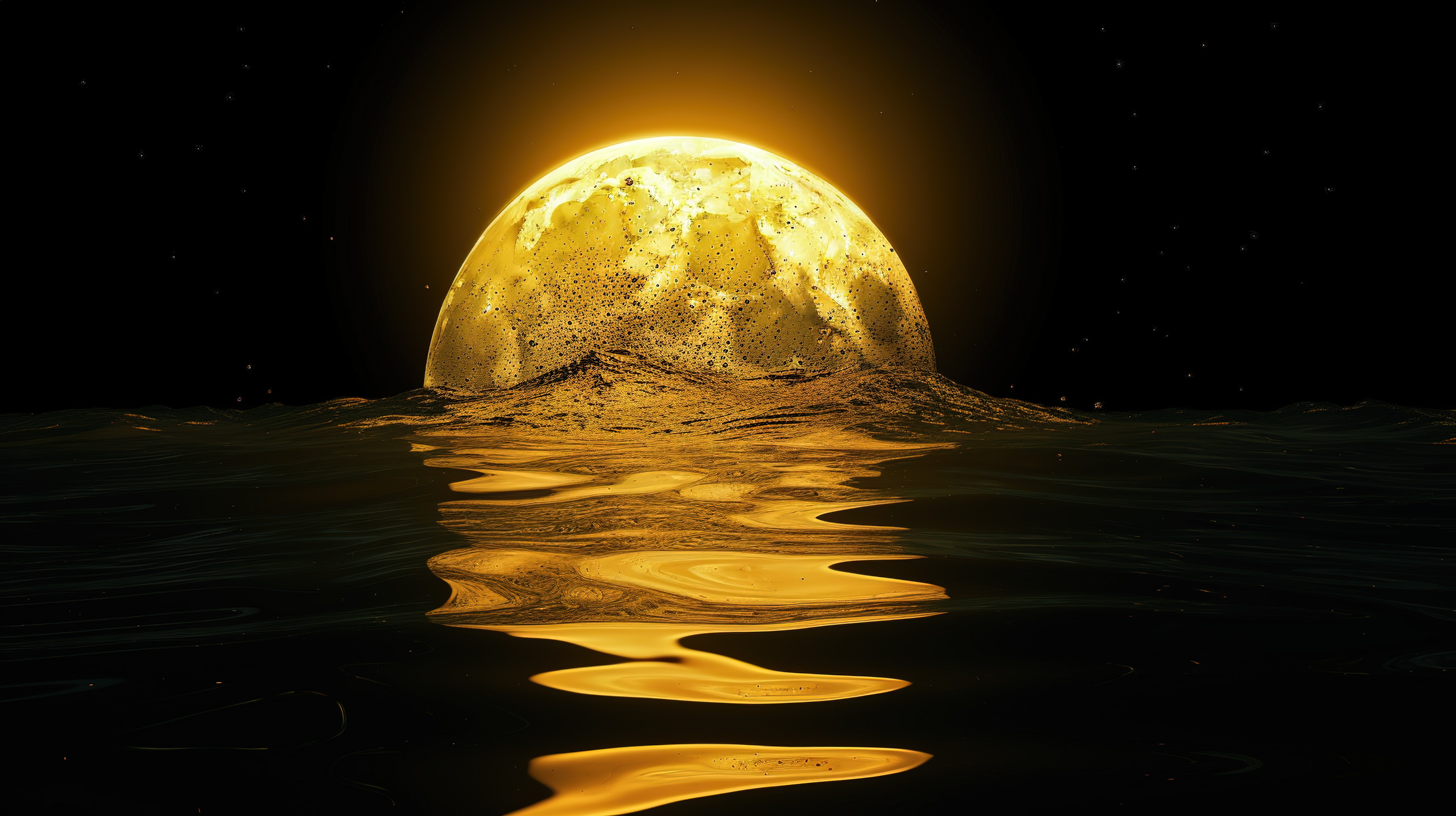 夜间场景 3d 渲染黄色月亮反射在水面上图片