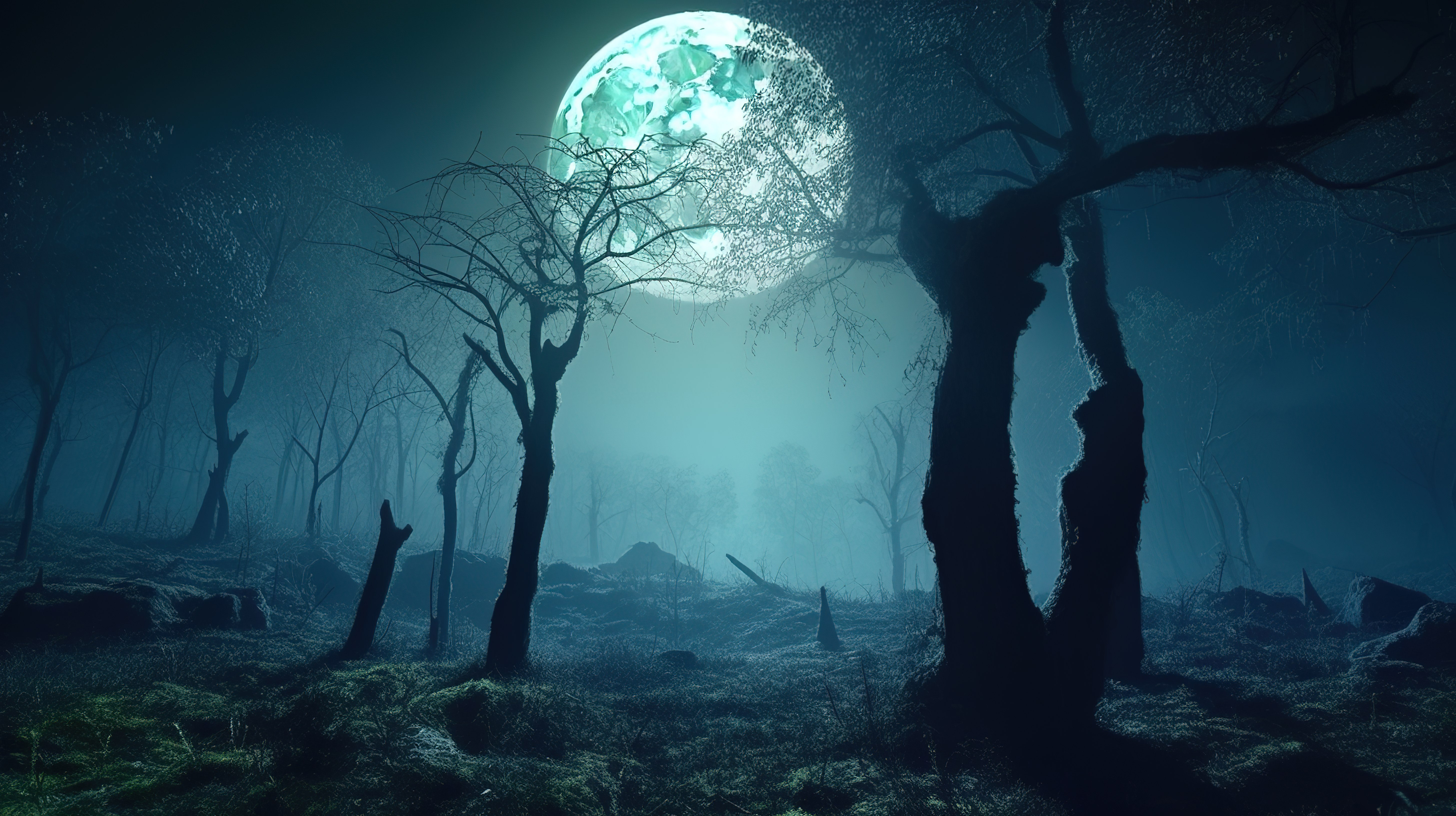 雾月光照下的夜间神秘森林 3d 渲染图片