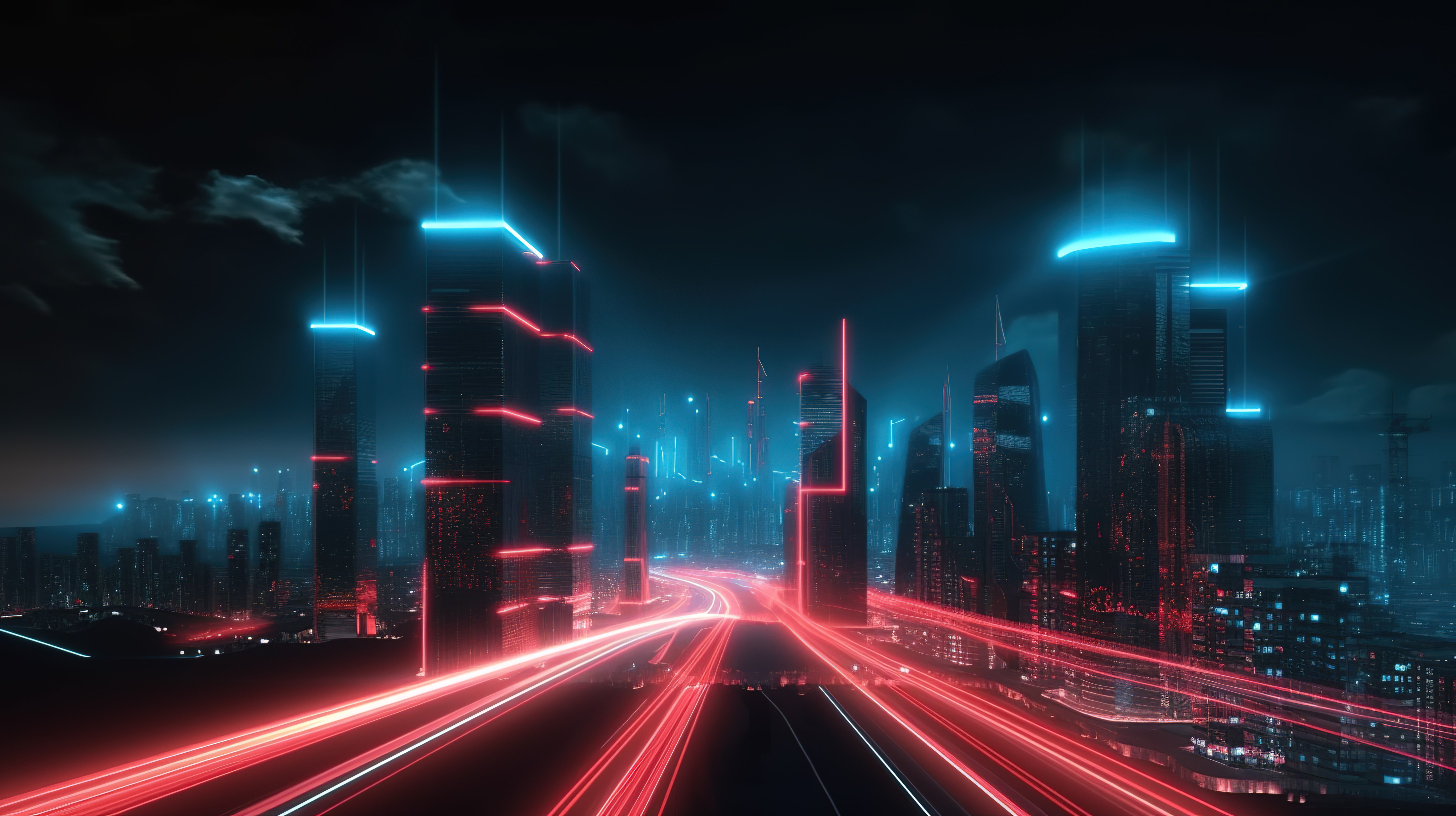 以 3D 形式呈现的城市景观，道路上有充满活力的红色和浅蓝色灯光痕迹图片