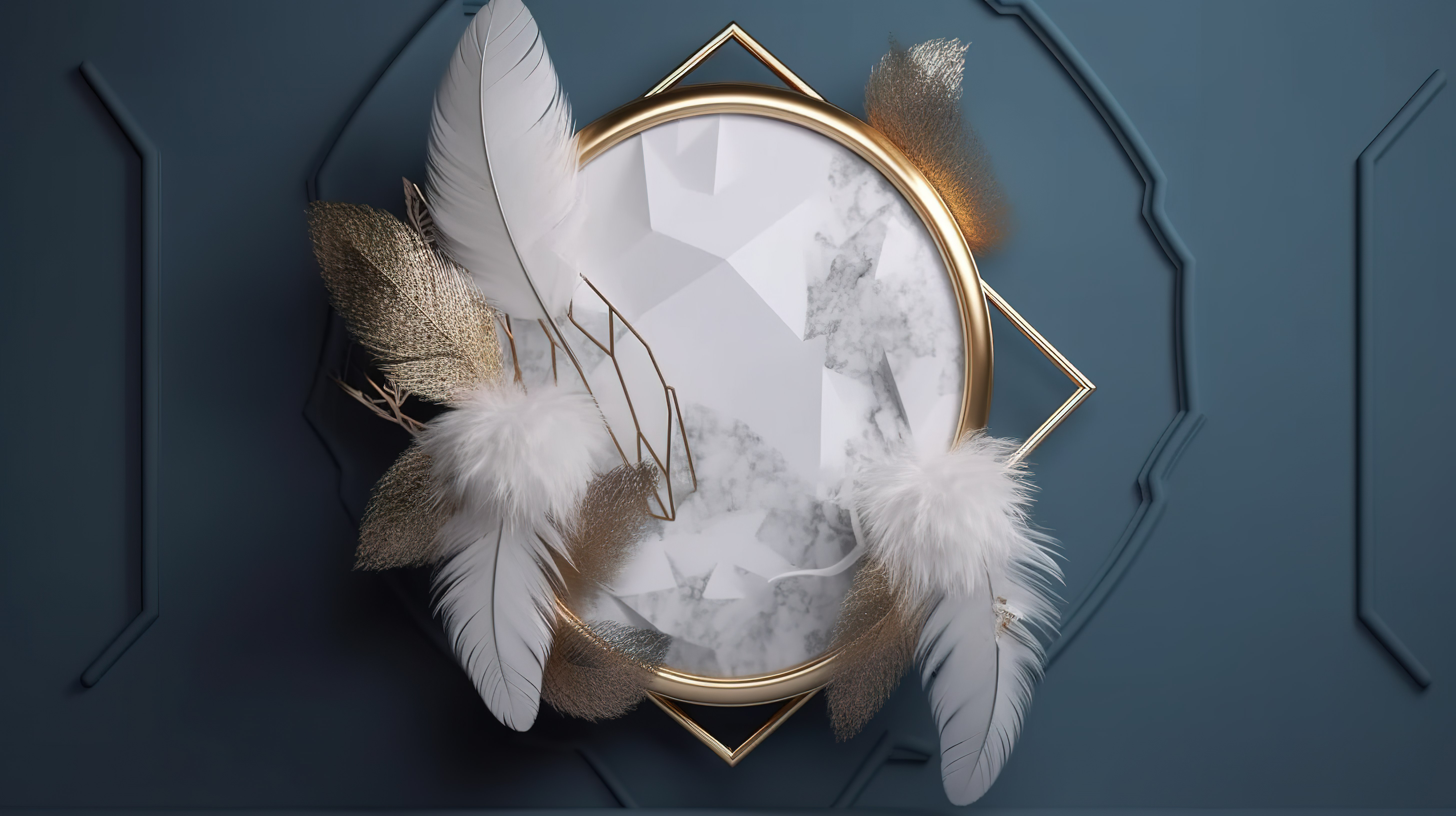在 3d 渲染中装饰着五颜六色的羽毛和水晶的六角形框架图片