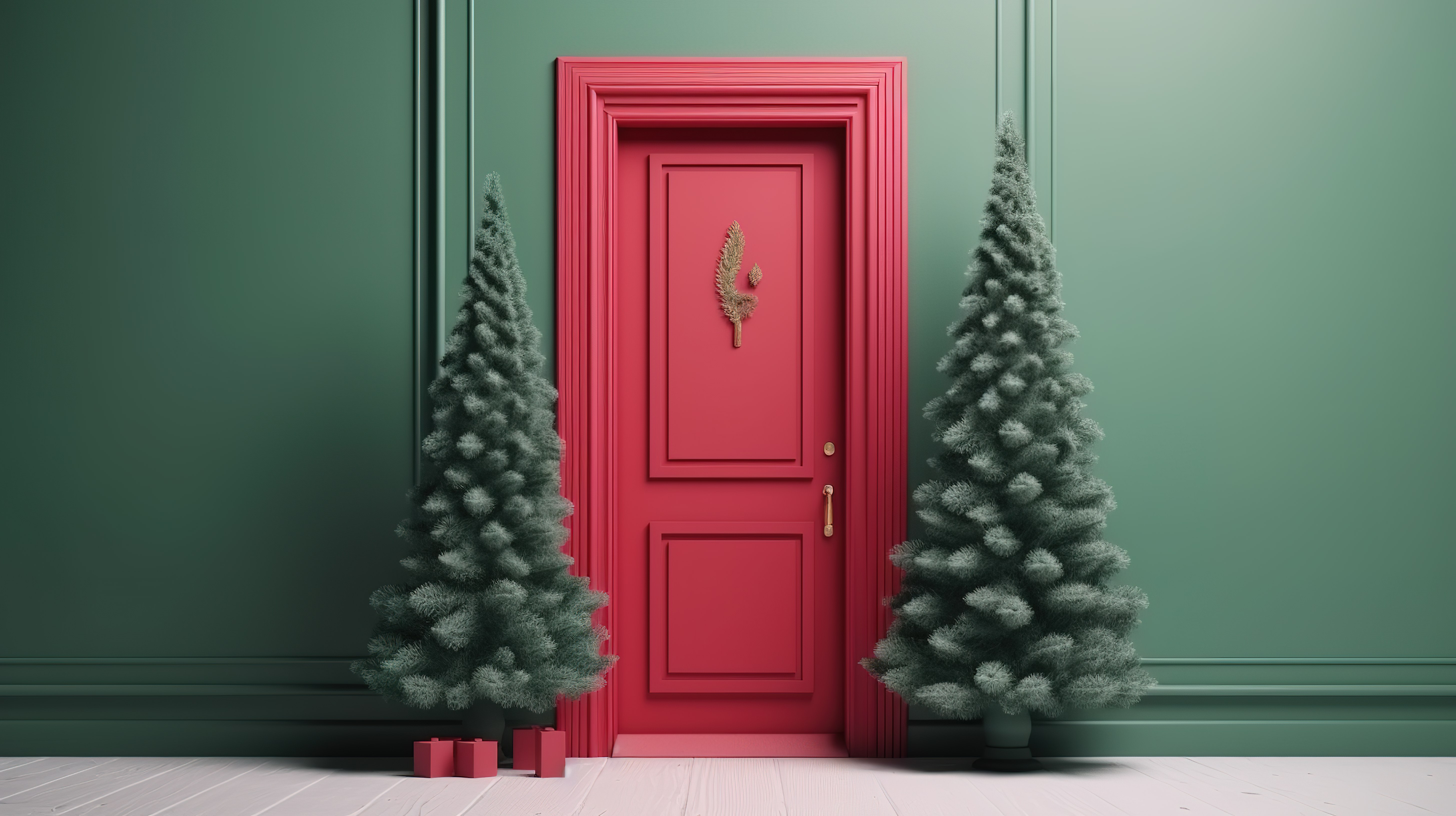 3d 渲染中带有红色门的节日圣诞树图片