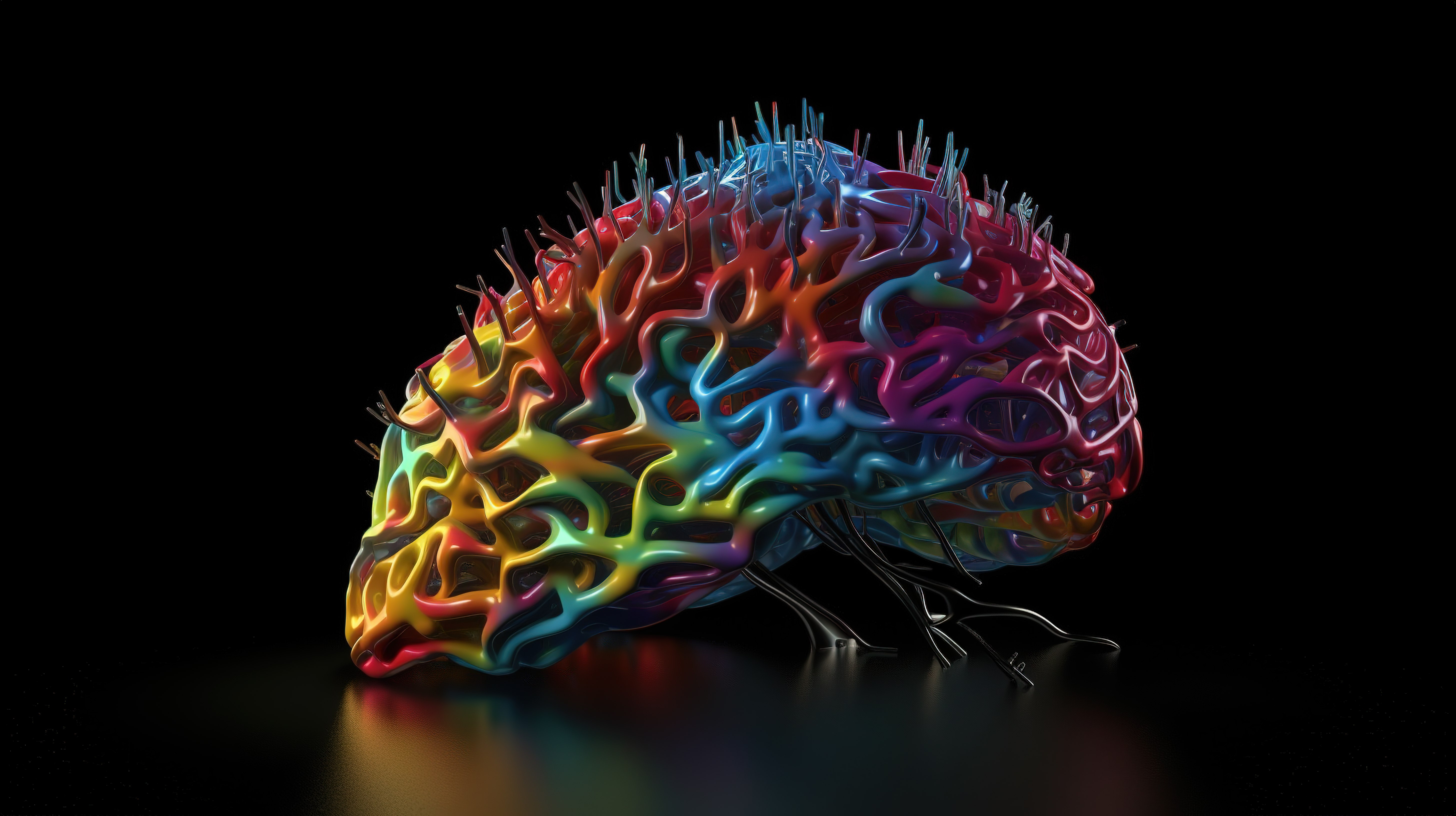 发电机创意创造者充满活力的多色大脑 3d 渲染在黑色背景上图片