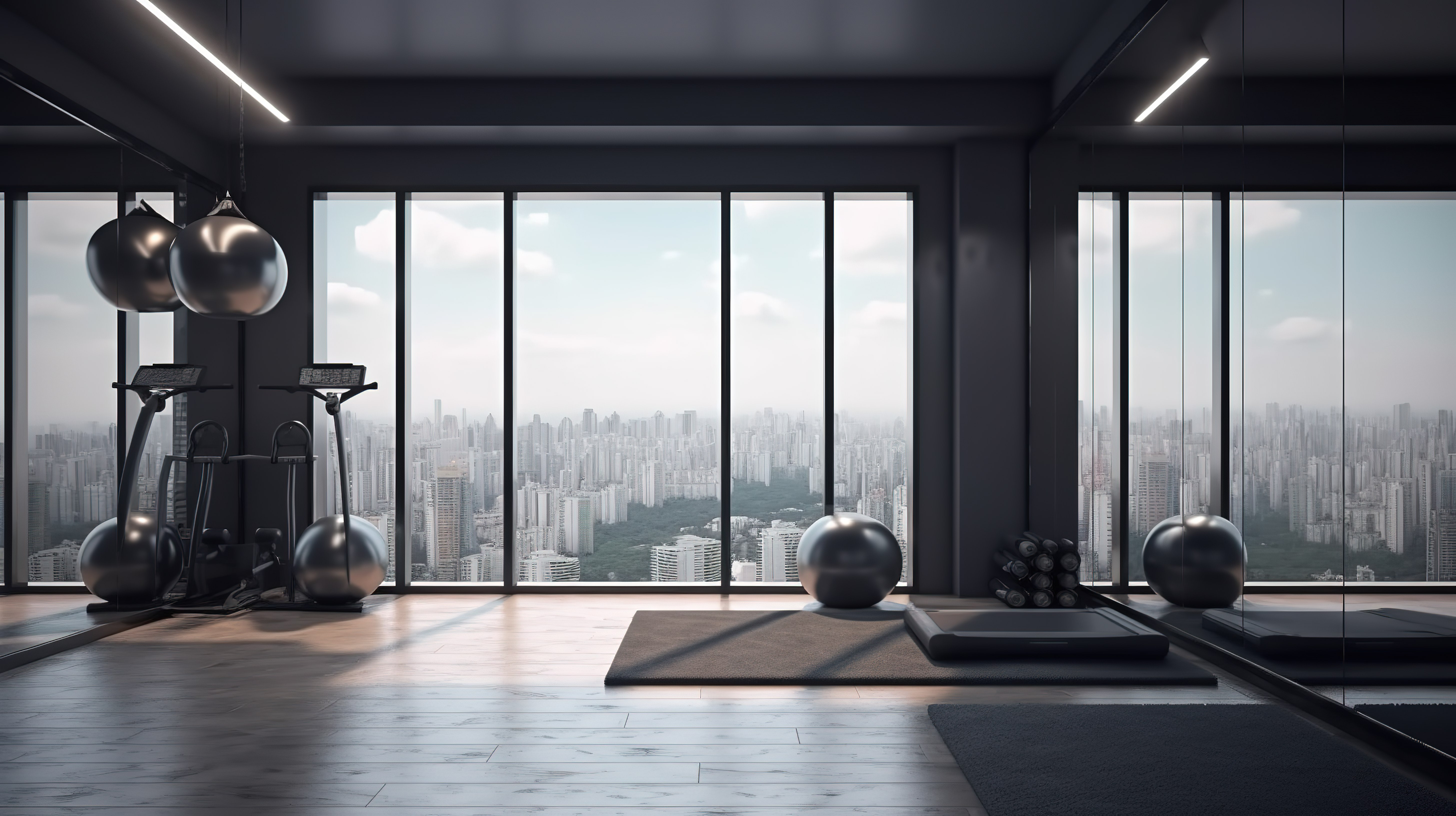有窗户和大窗户的 3d 健身房图片