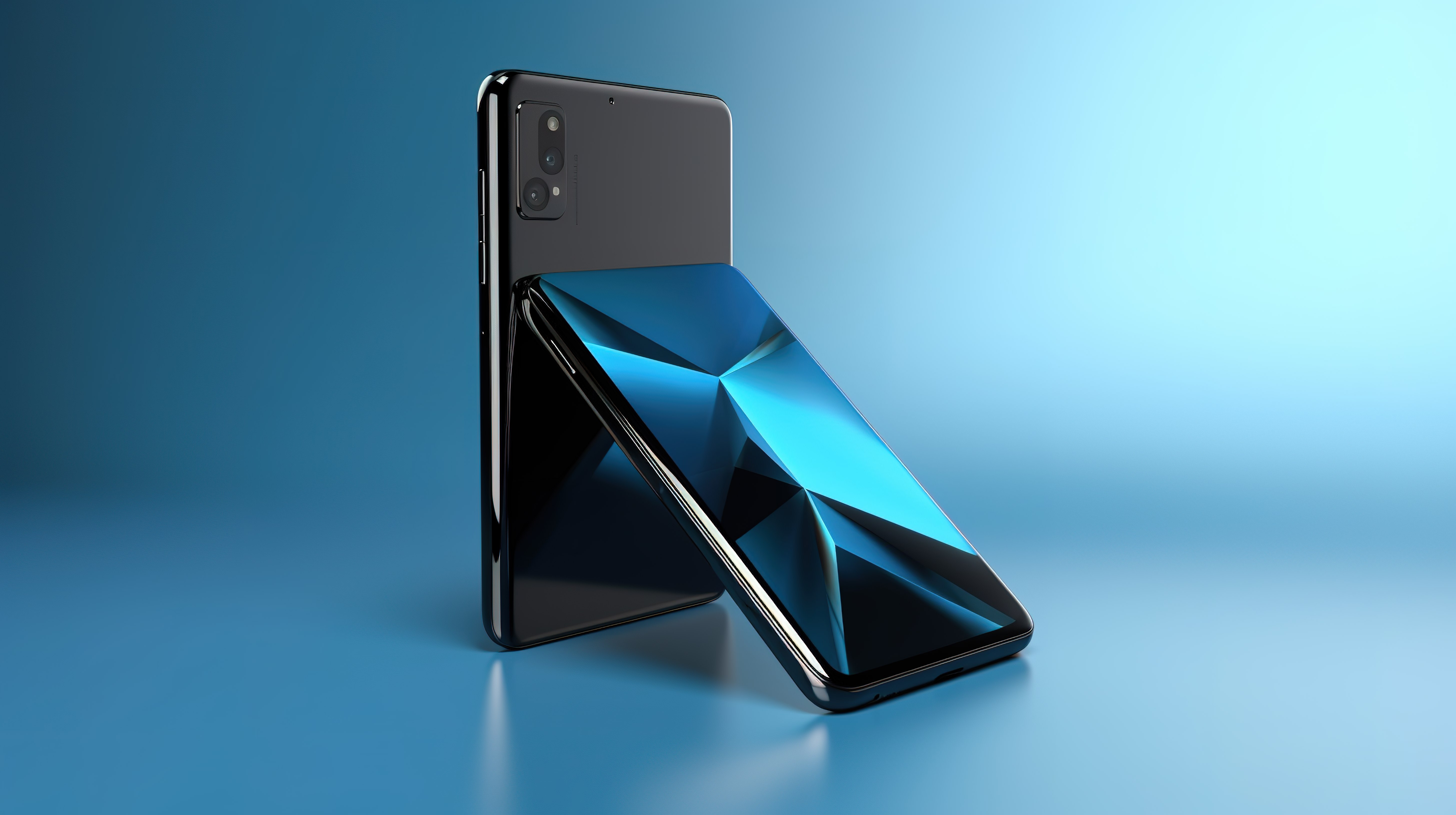 光滑的黑色智能手机在 3d 渲染中设置在浅蓝色背景下用于广告图片