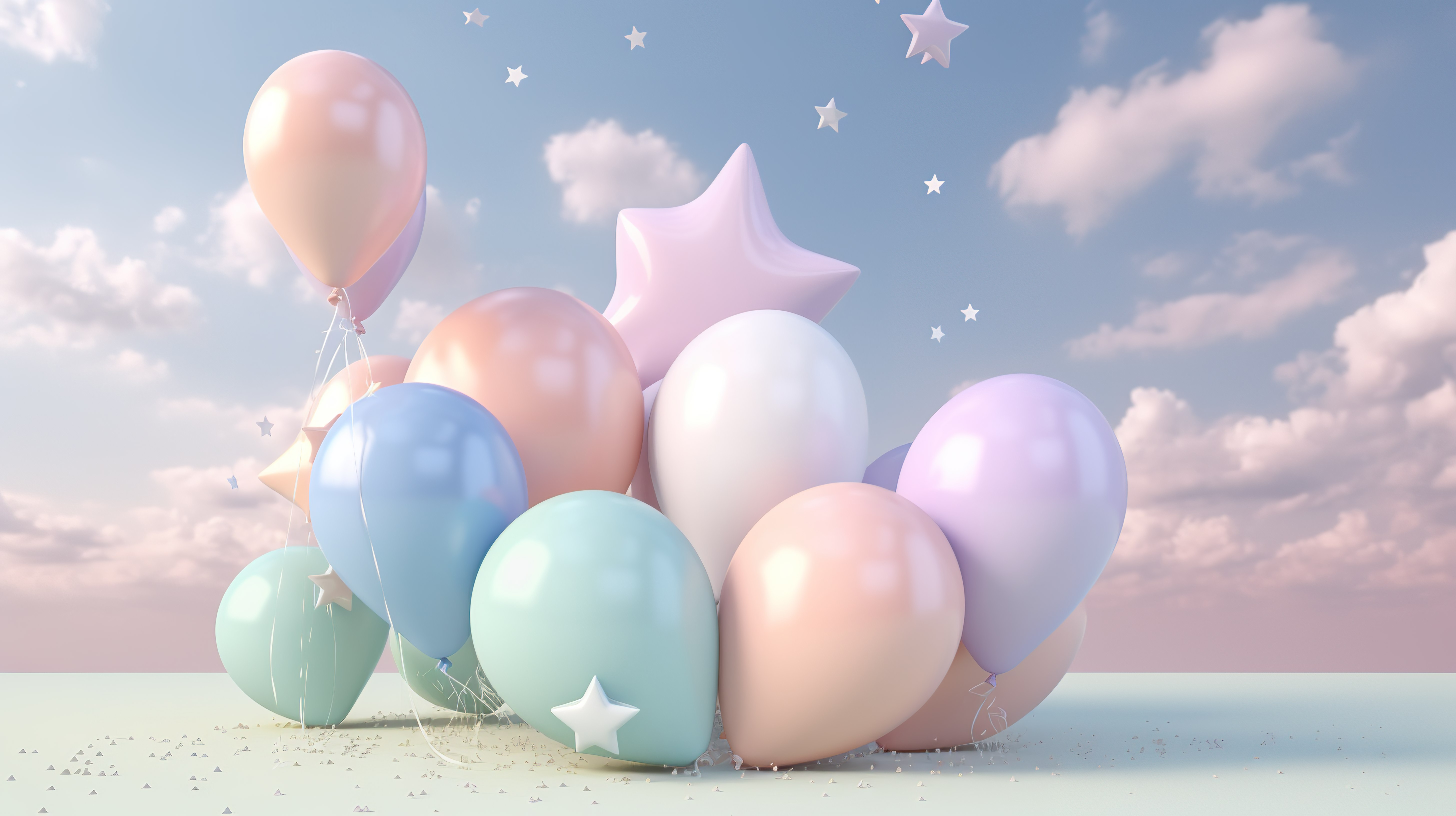 梦幻柔和的天空中的气球星星和云彩 3d 渲染图像图片