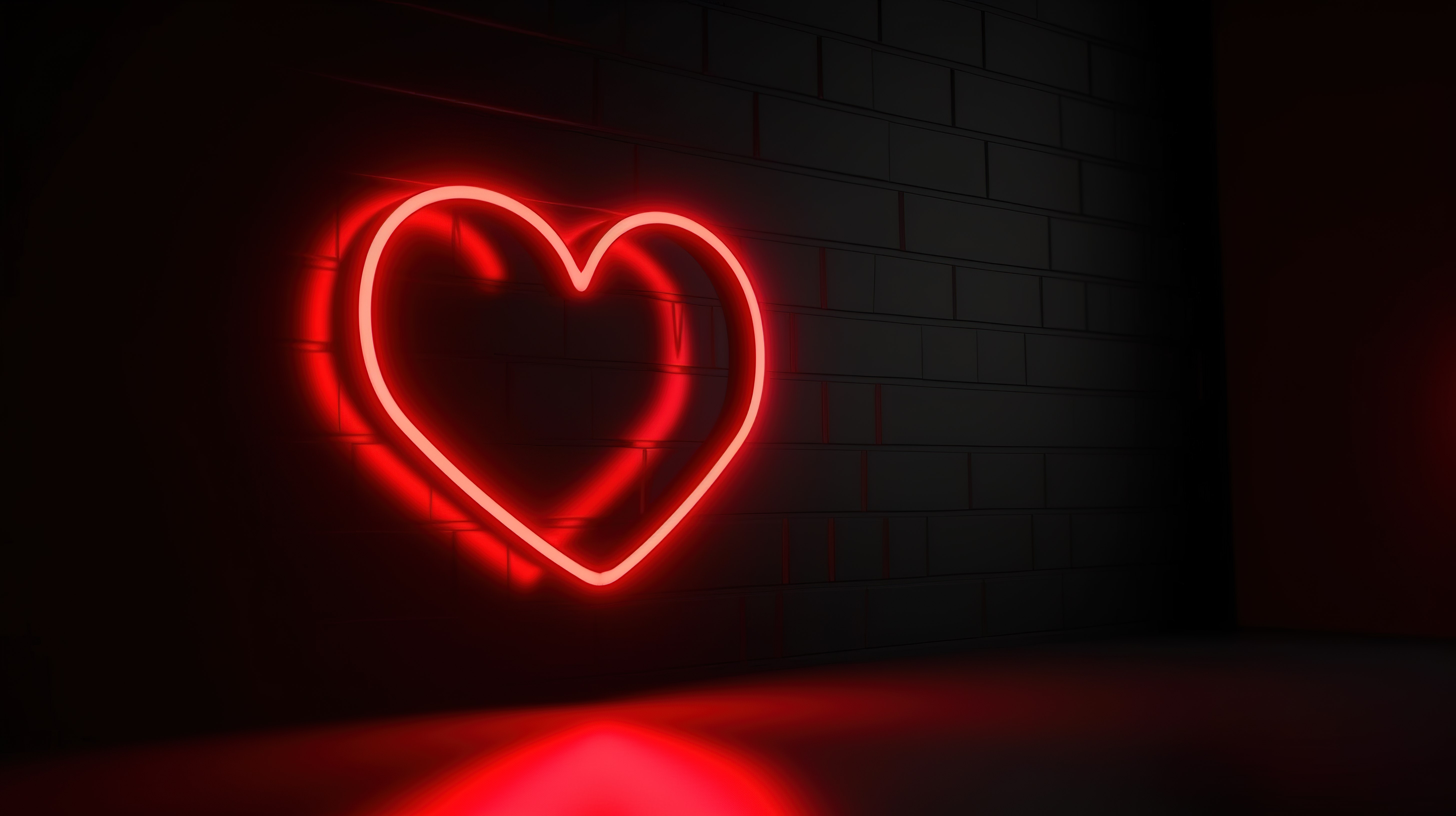 红色发光的爱情符号 3d 渲染照亮了黑暗的墙壁图片