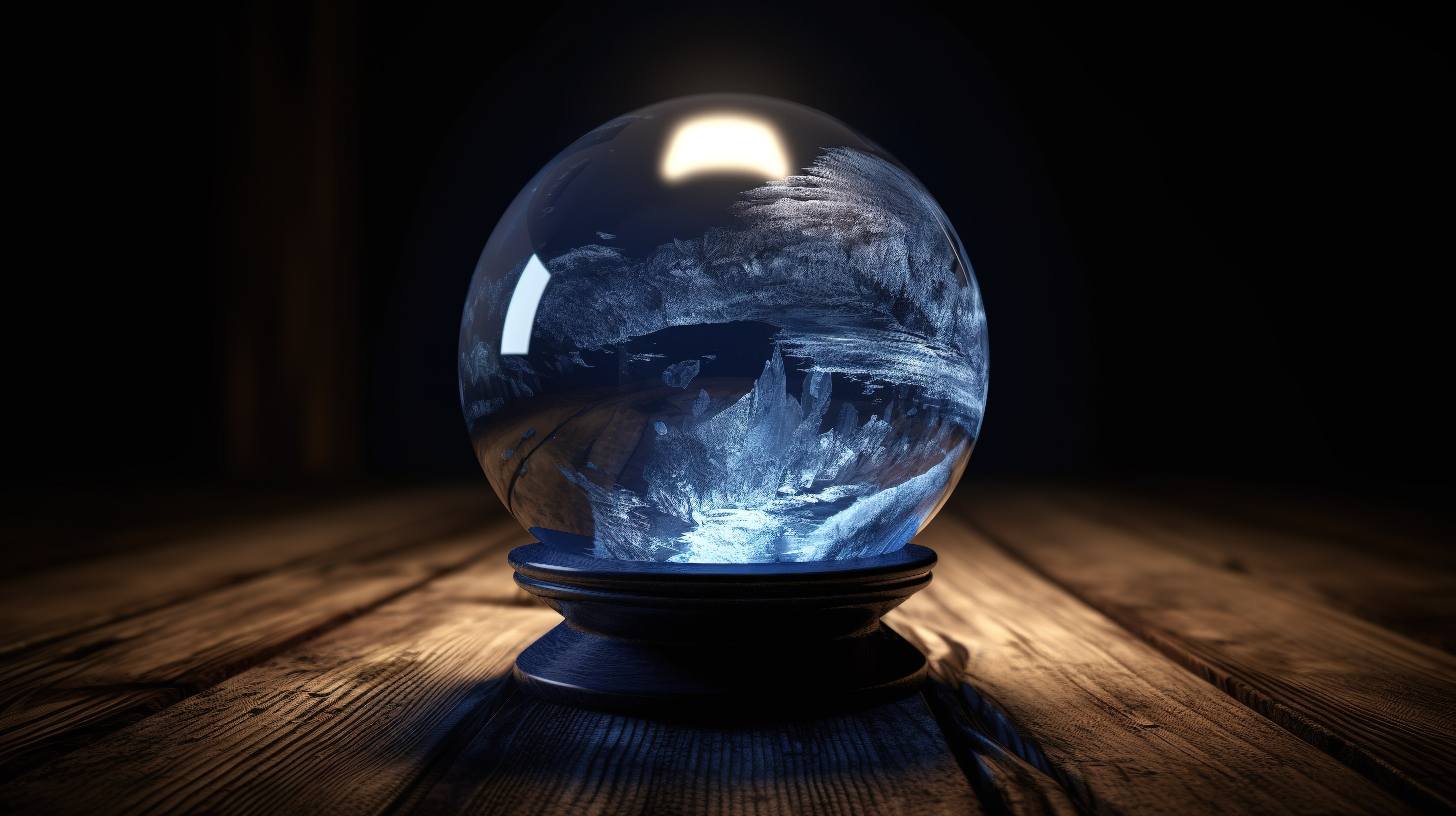 木桌上装饰着以月亮为特色的 3D 渲染水晶球图片