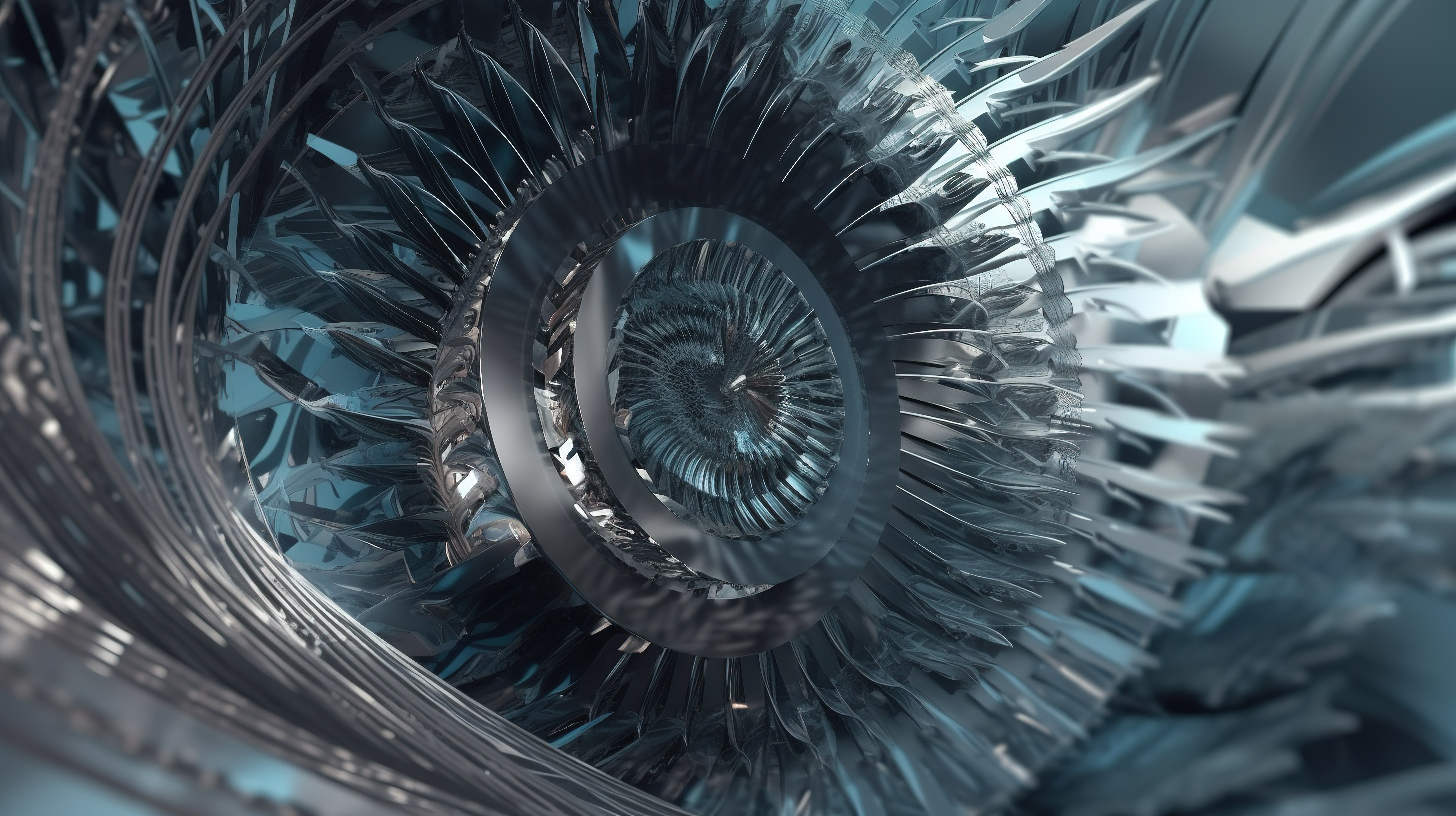 超现实的涡轮喷气发动机 3d 渲染具有分形叶片和旋转转子图片