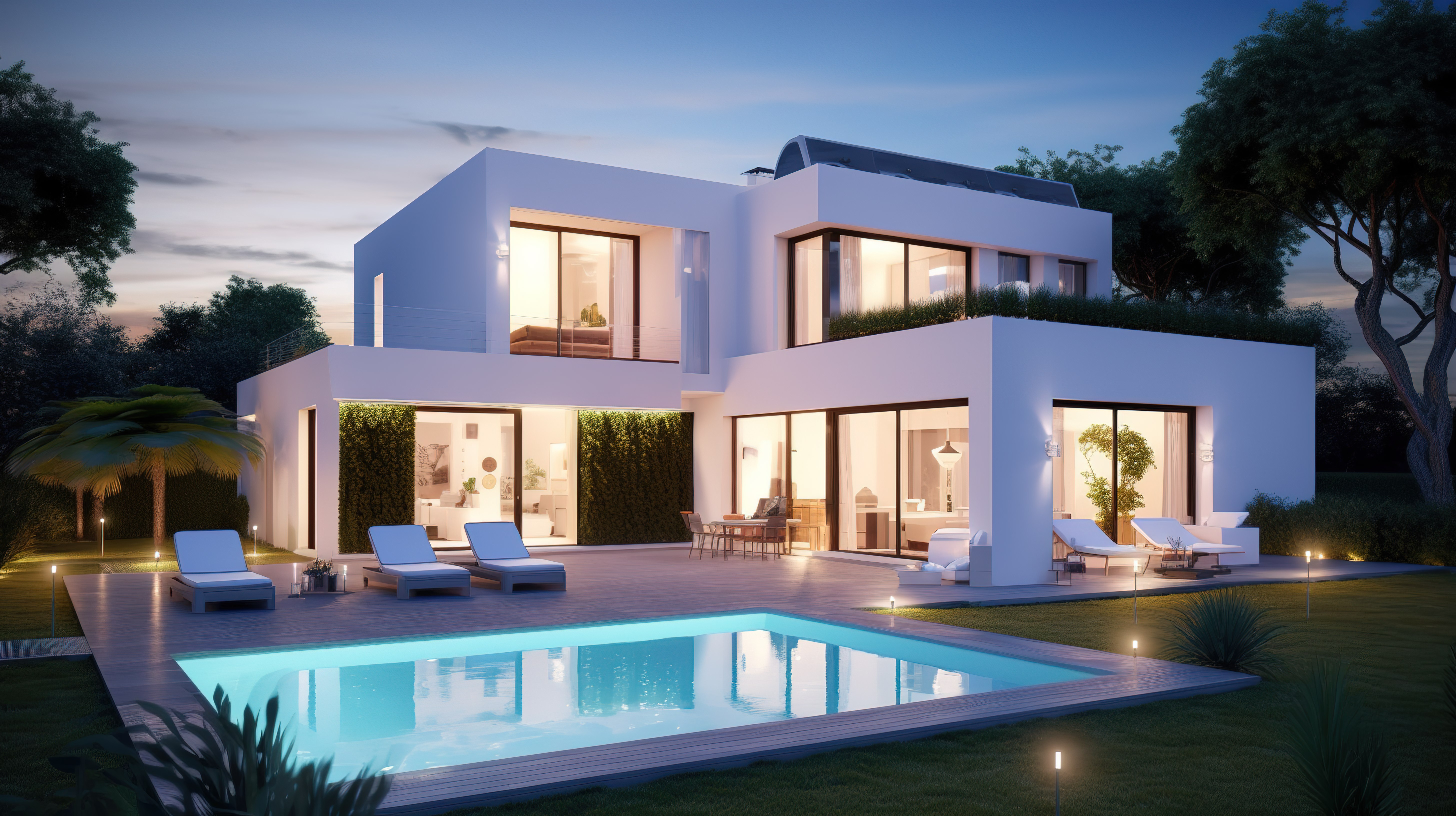 宏伟的现代白色别墅的令人惊叹的 3D 渲染，黄昏时分拥有宏伟的花园和游泳池图片