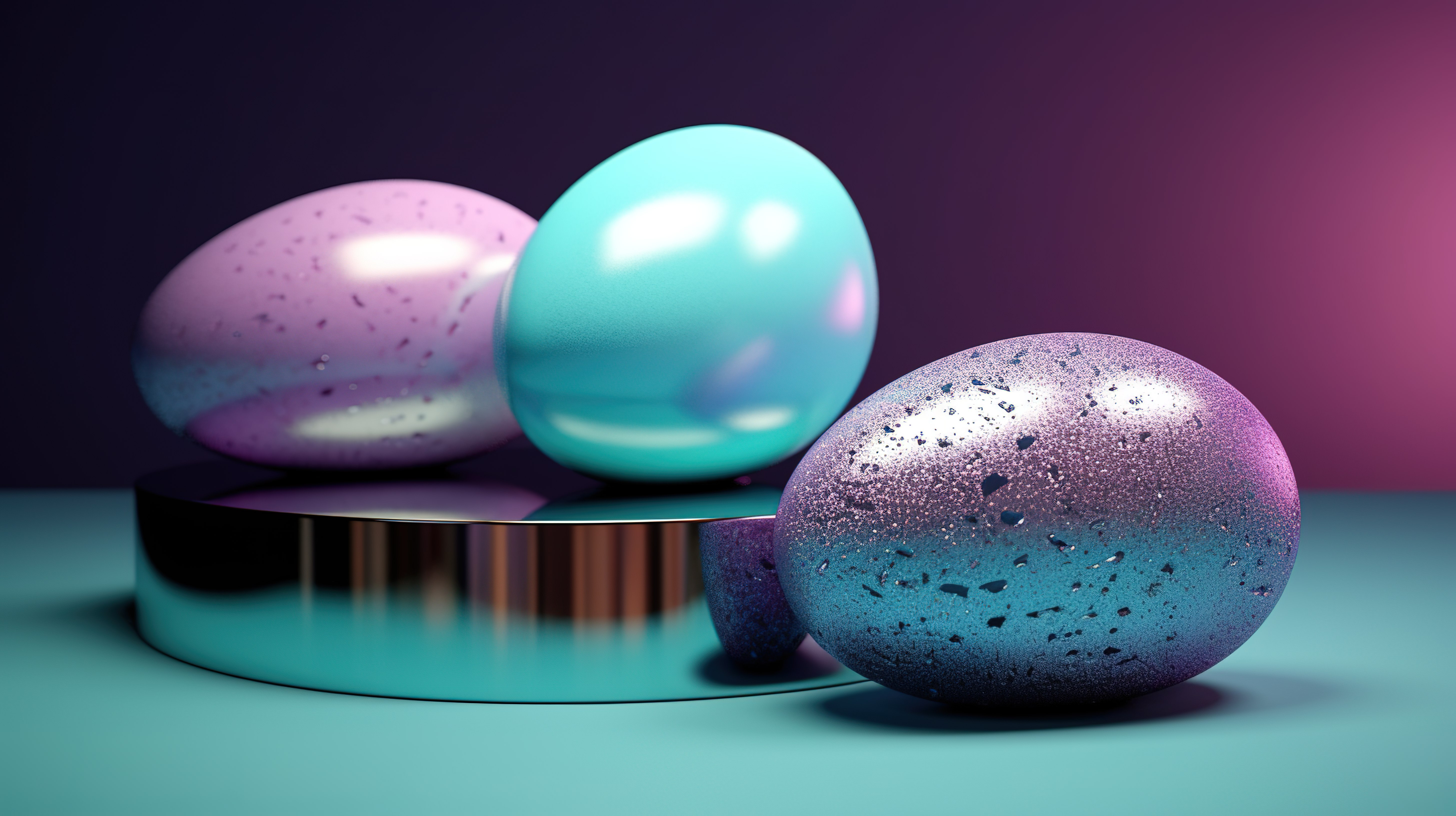 以闪亮的讲台和薄荷色和蓝色背景上的 3D 渲染紫色彩蛋为特色的复活节主题场景图片