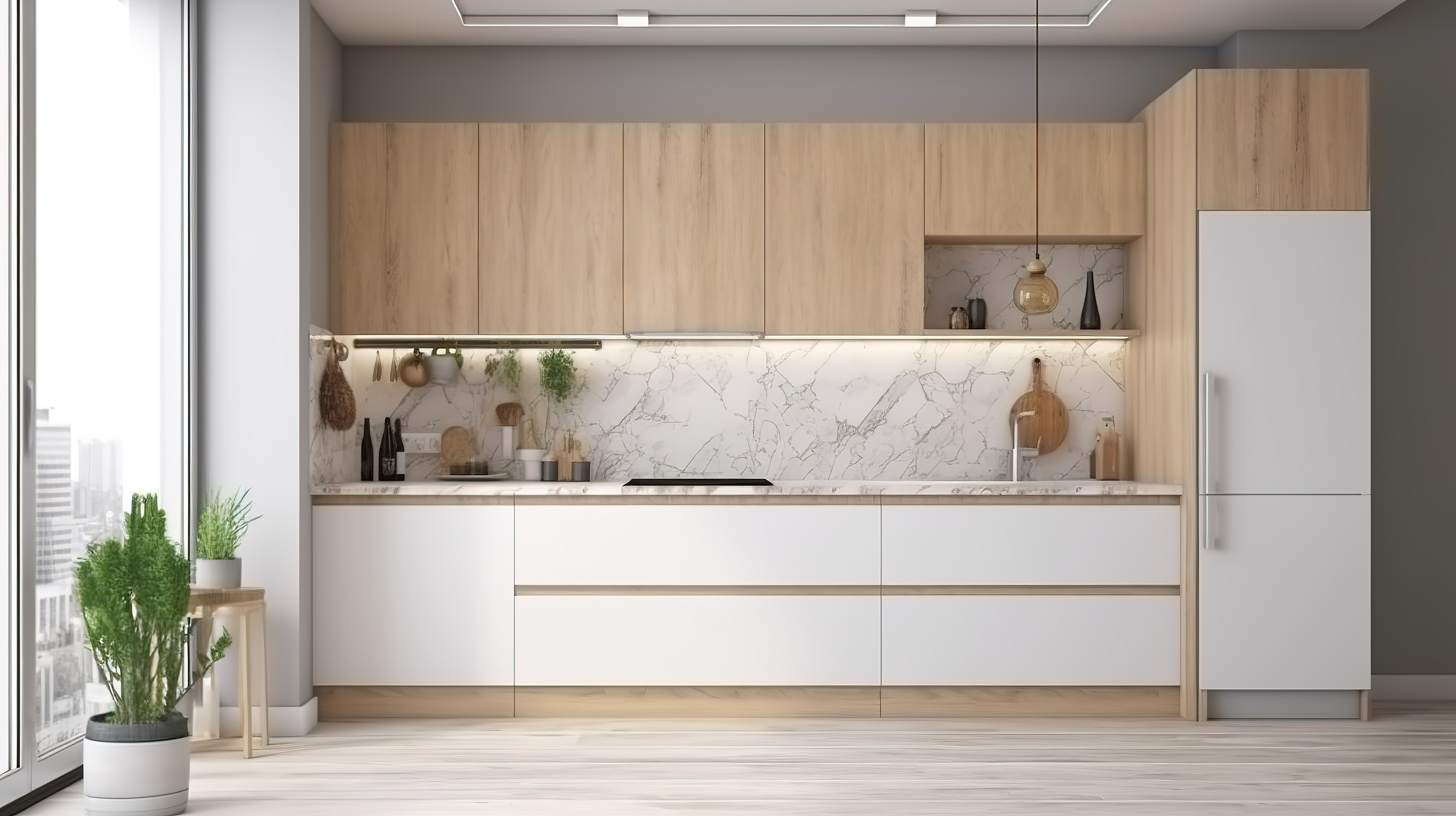 带木柜的白色整体厨房的家庭室内插图 3D 渲染图片