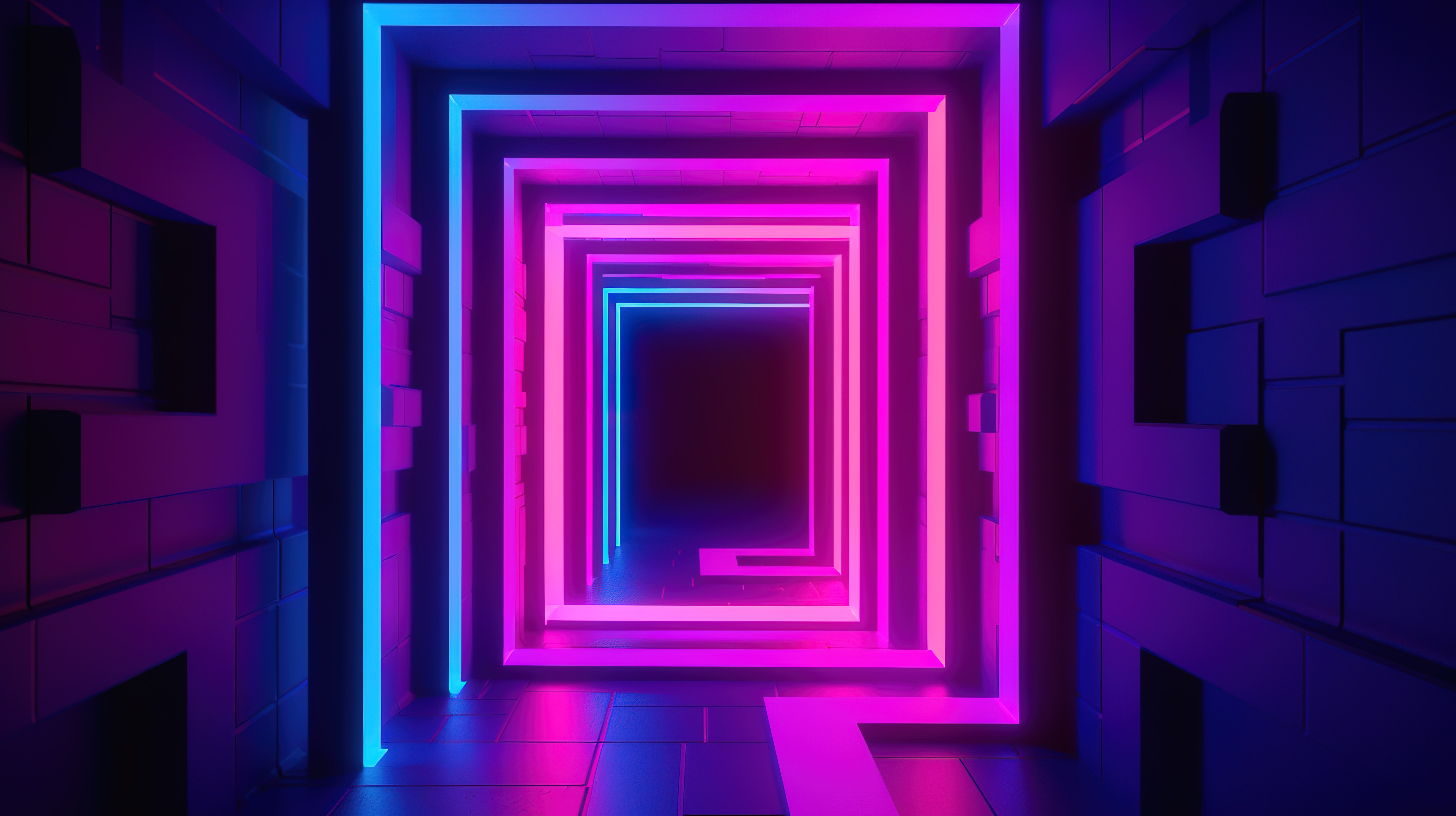 现代极简主义方孔开门隧道入口的霓虹仙境图片