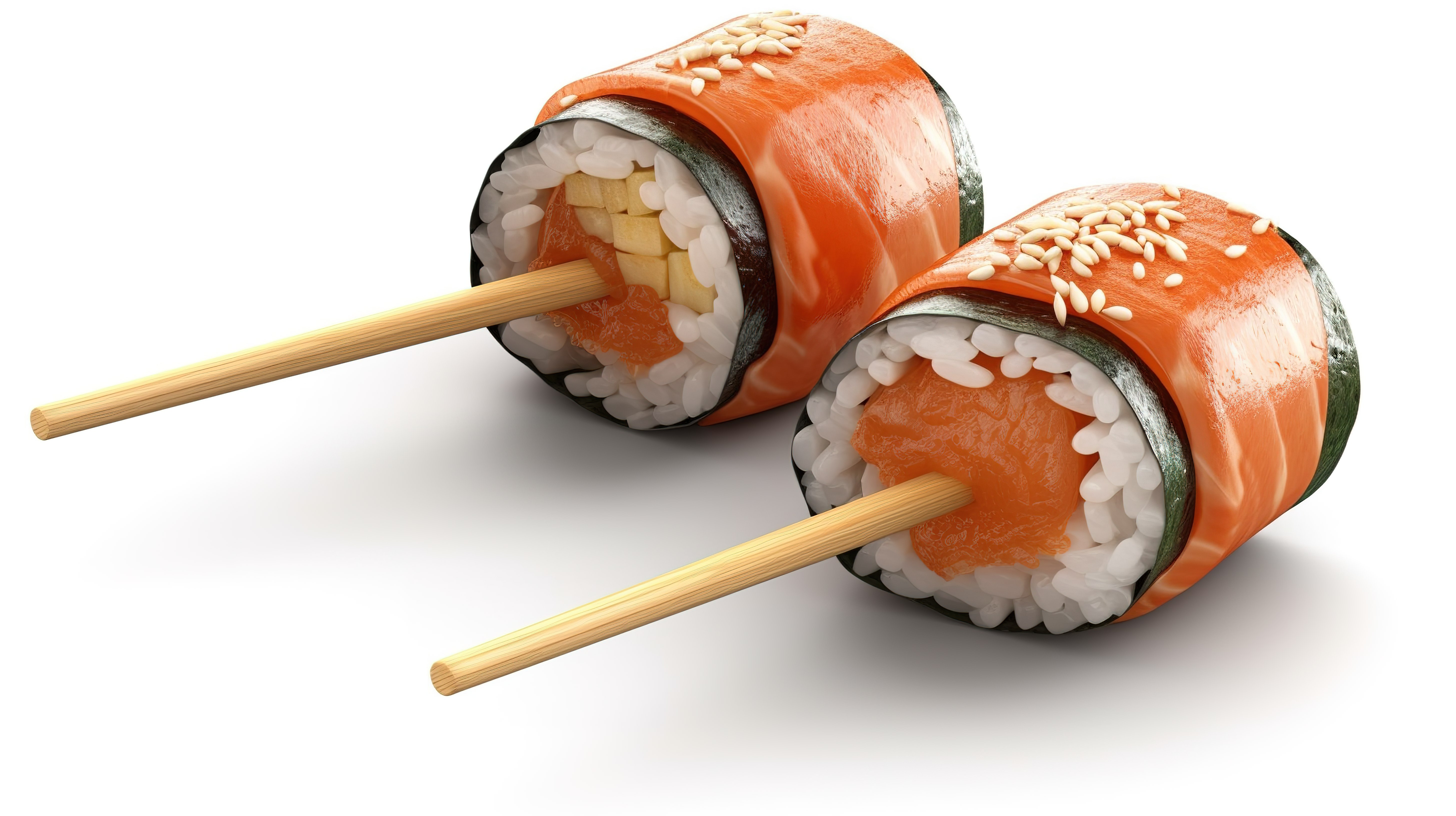 三文鱼卷和筷子在白色背景下的 3d 渲染插图图片