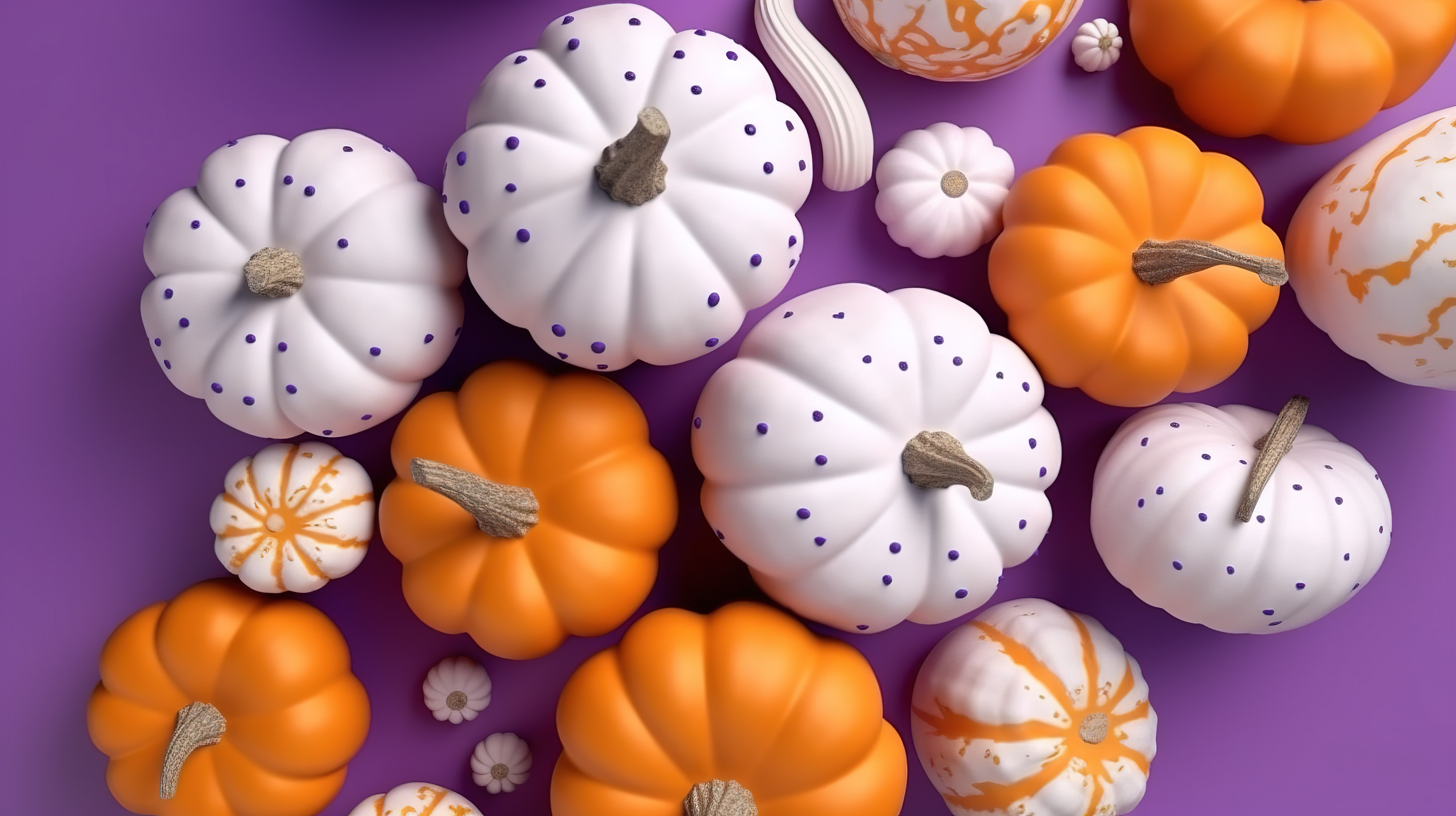 在充满活力的紫色背景下以 3D 形式呈现的橙色和白色南瓜平铺图片
