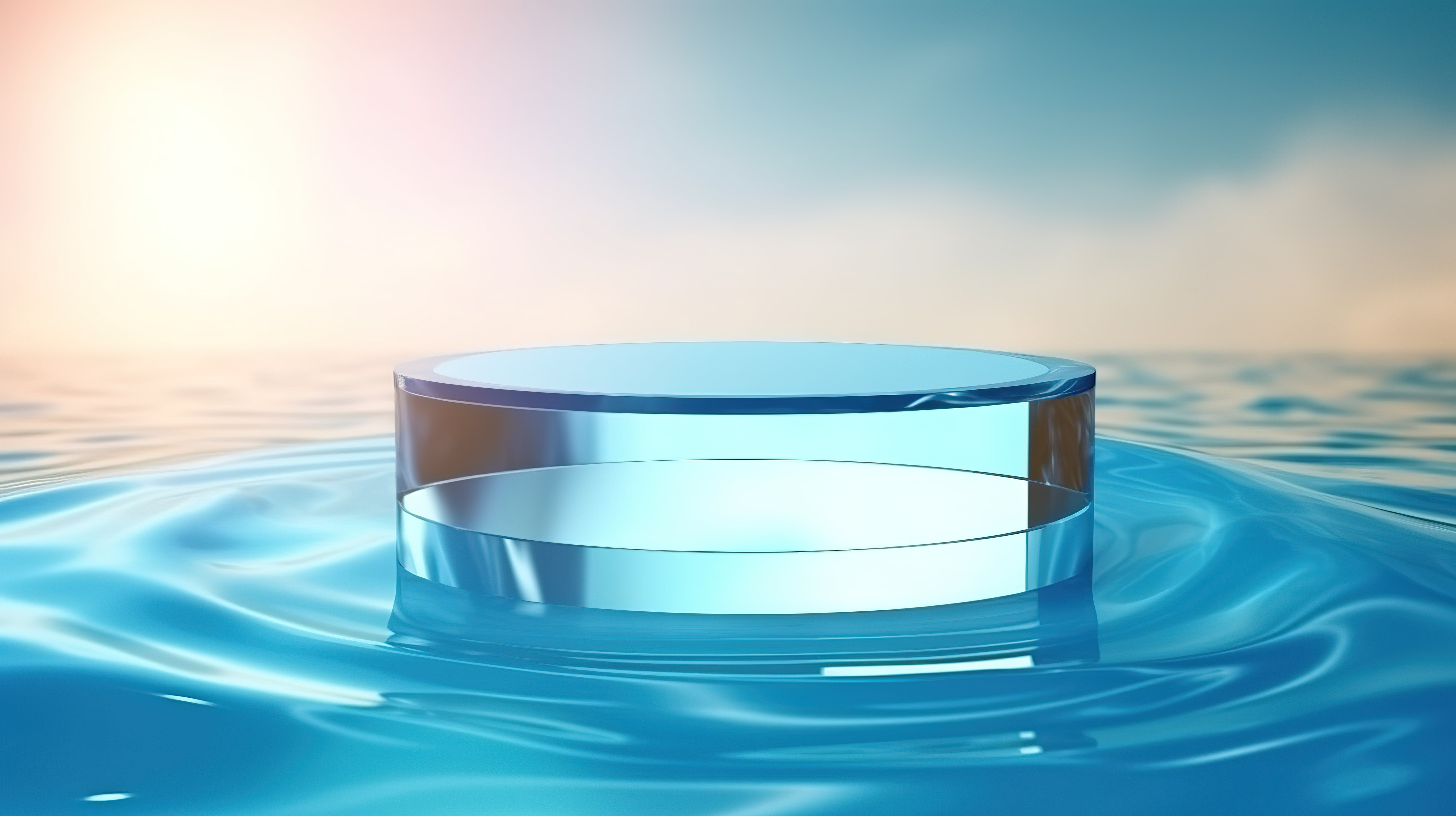 3d 渲染的圆形讲台，阳光照射下水晶般清澈的水背景图片