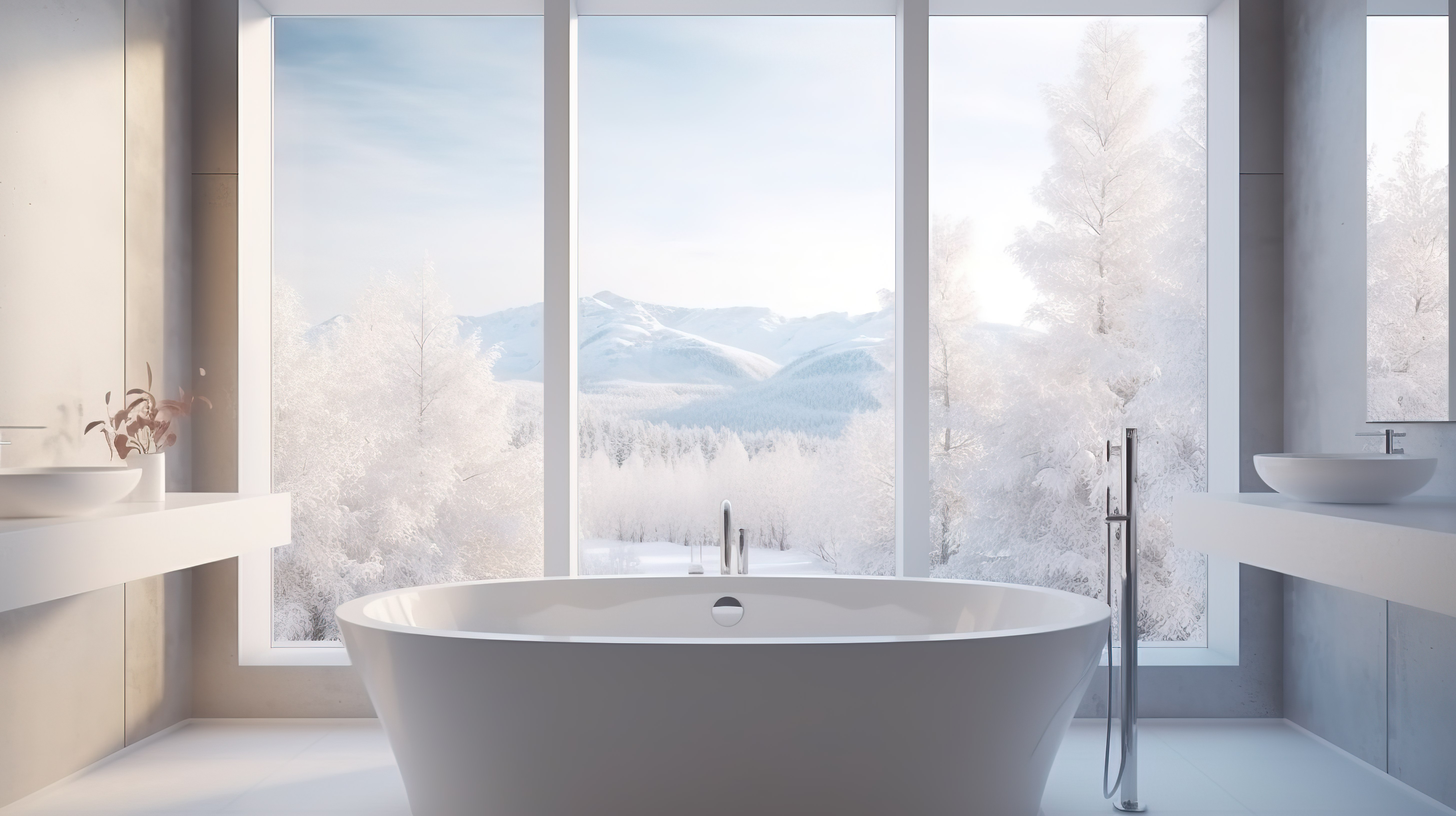 冬季仙境是一间现代浴室，窗户附近有发光的 3D 渲染图片