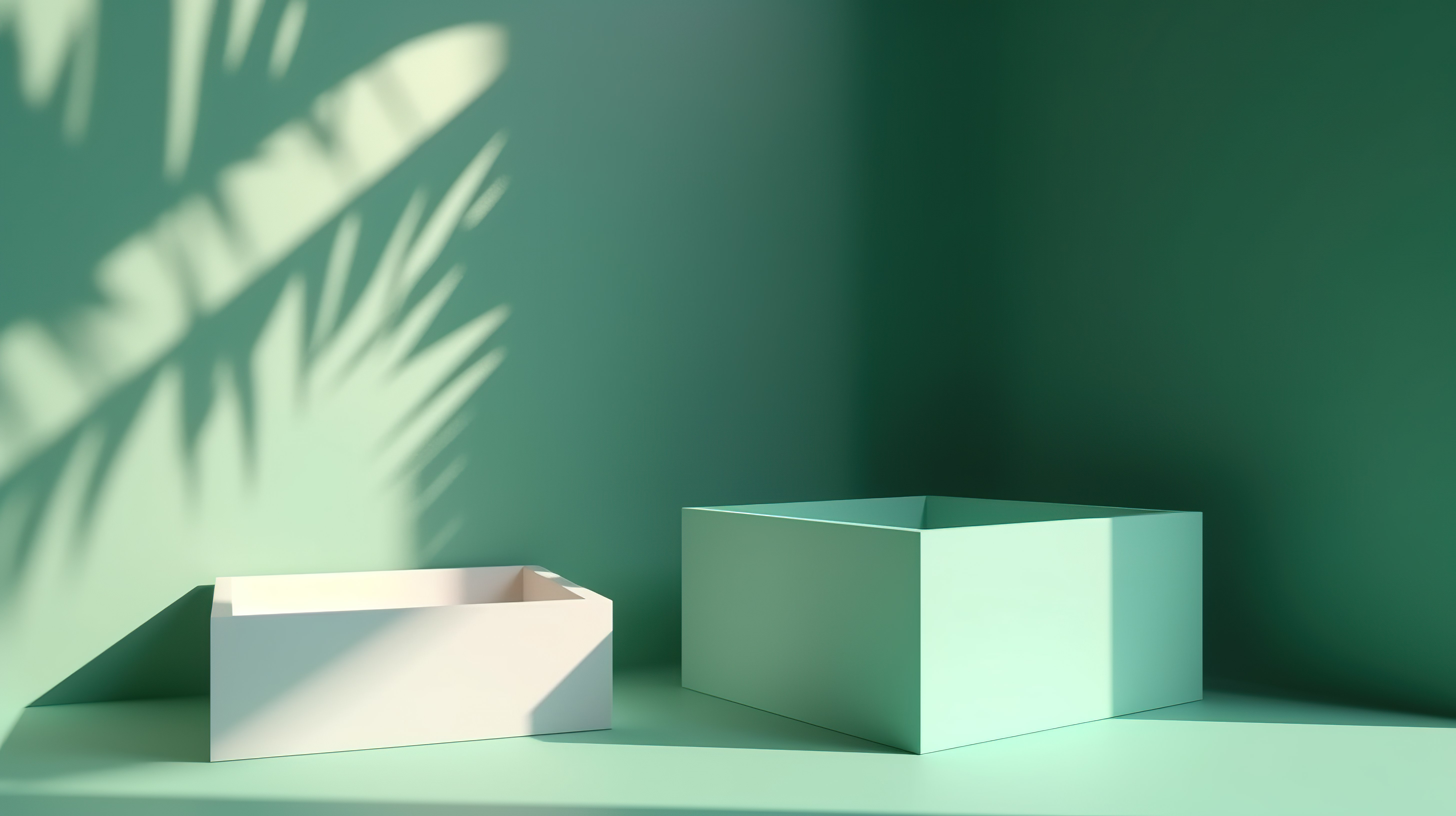 带有阳光阴影的绿色墙壁 3d 渲染背景具有两个用于放置产品的盒子，非常适合演示图片