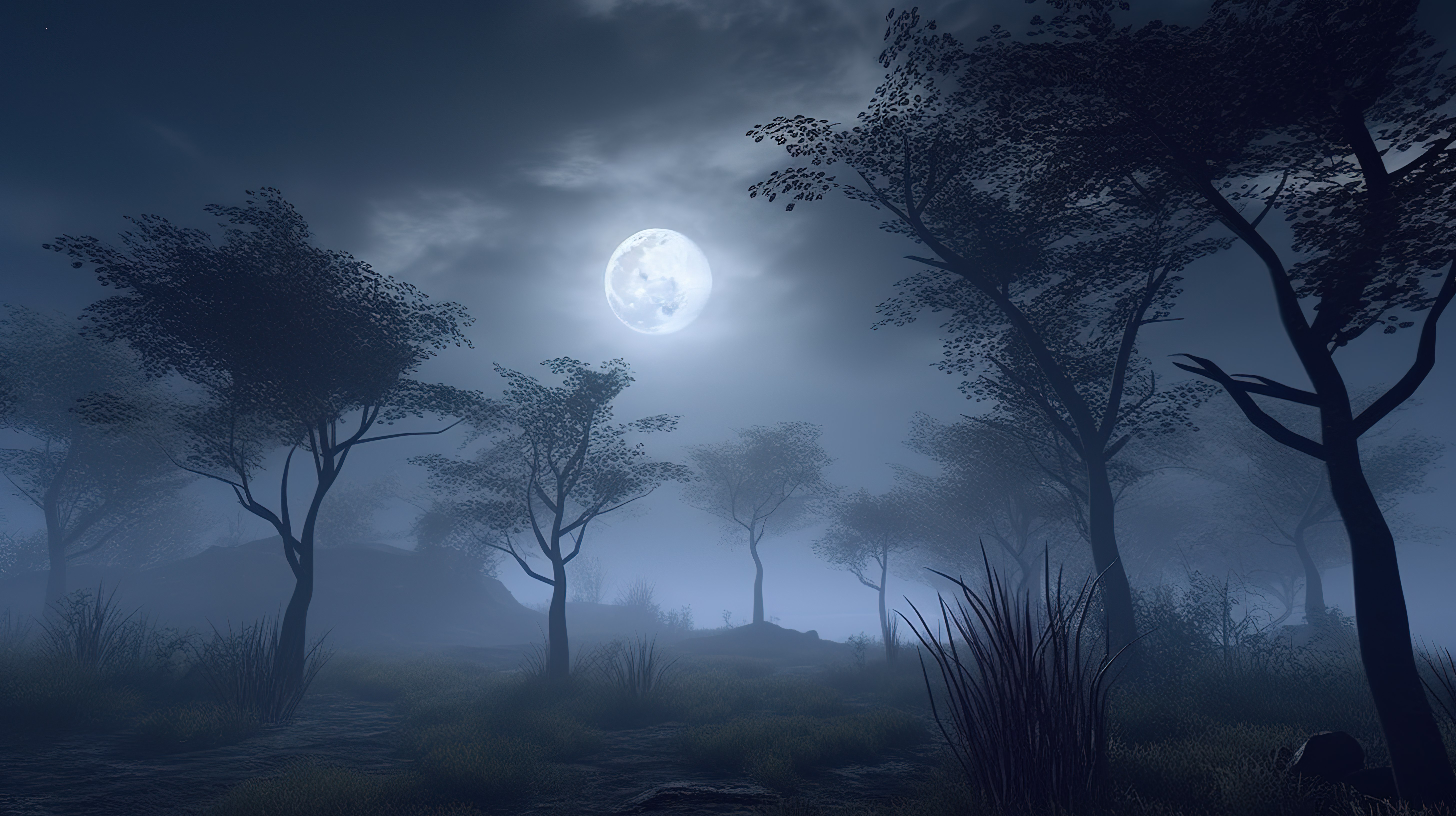 雾中月光下的神秘森林 3d 渲染的夜景图片