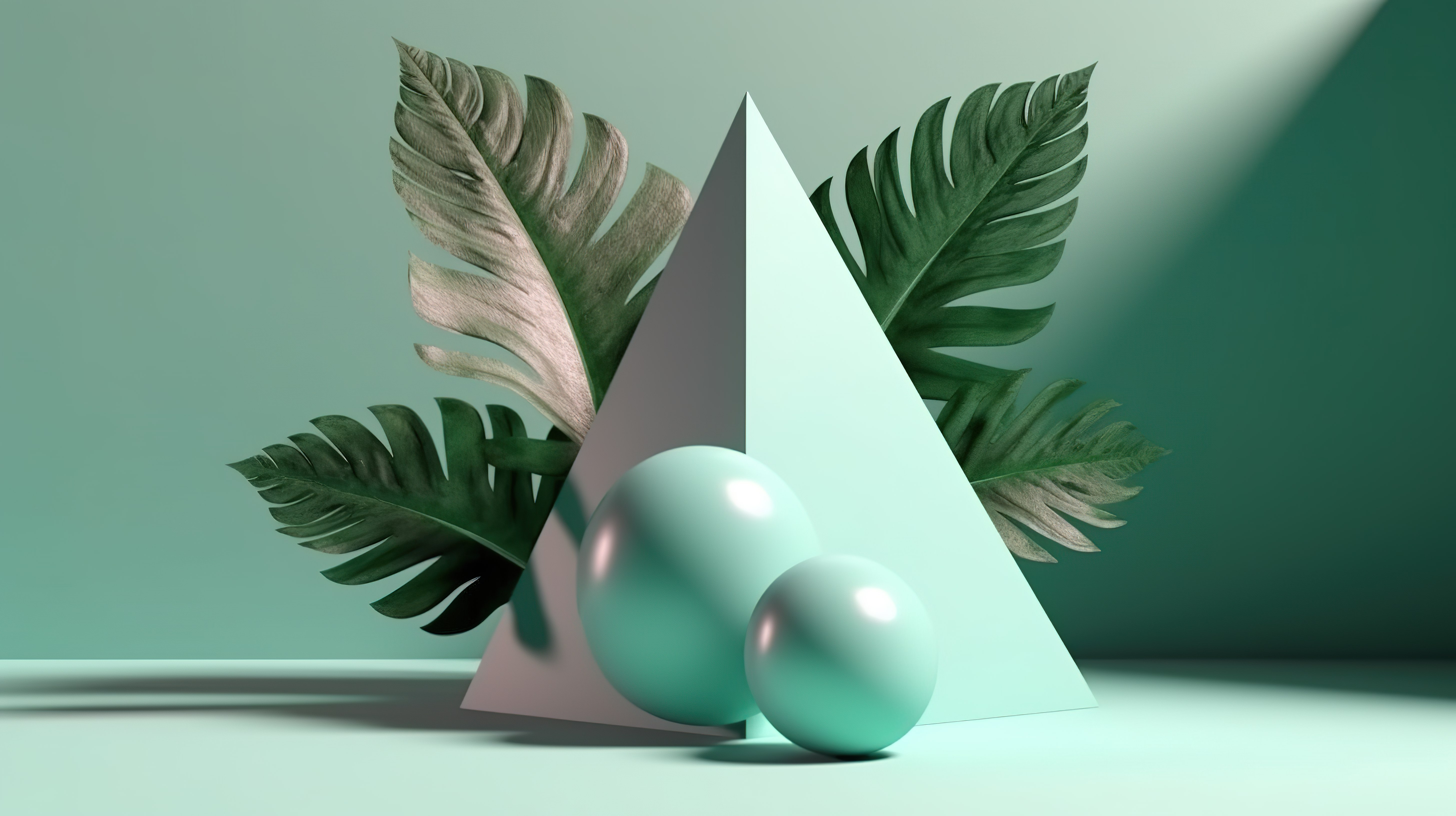 三角形讲台和带有薄荷和热带叶影的球在绿色背景上的 3d 渲染中图片