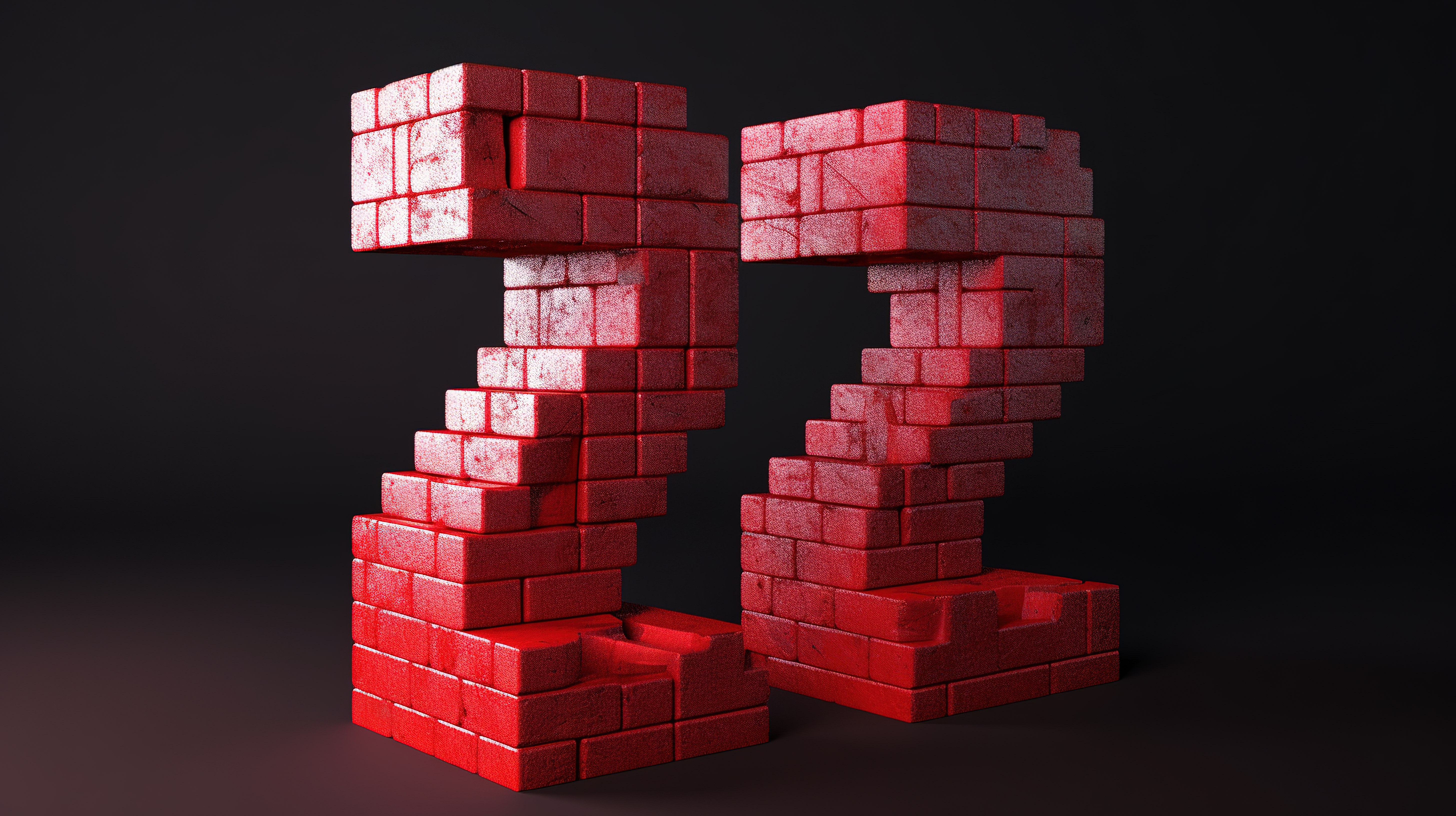 数字 2 由 3d 渲染中的积木构成，描绘了用于形成数字的红砖的概念图片