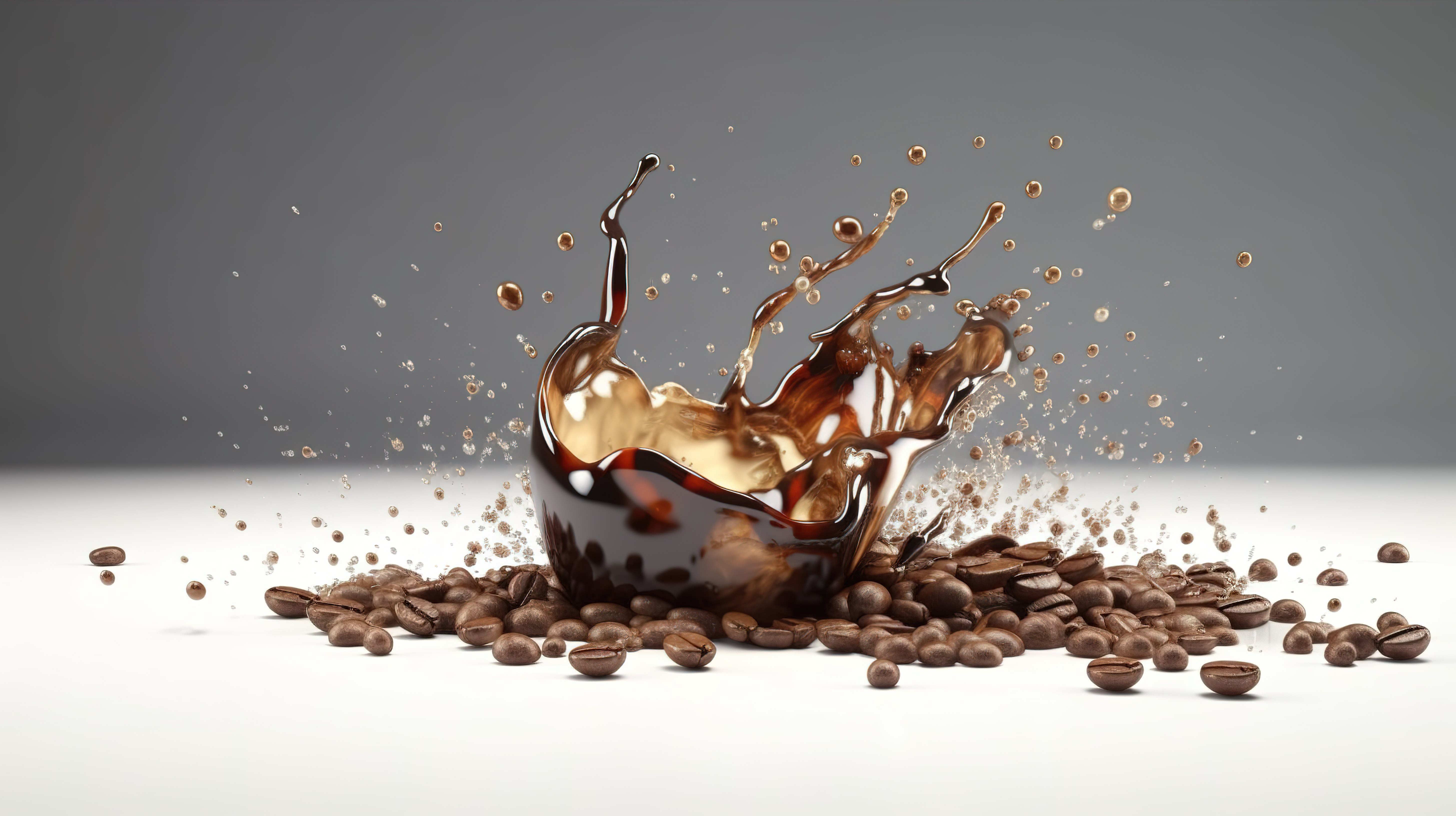 咖啡豆的逼真 3D 建模与溢出的咖啡图片