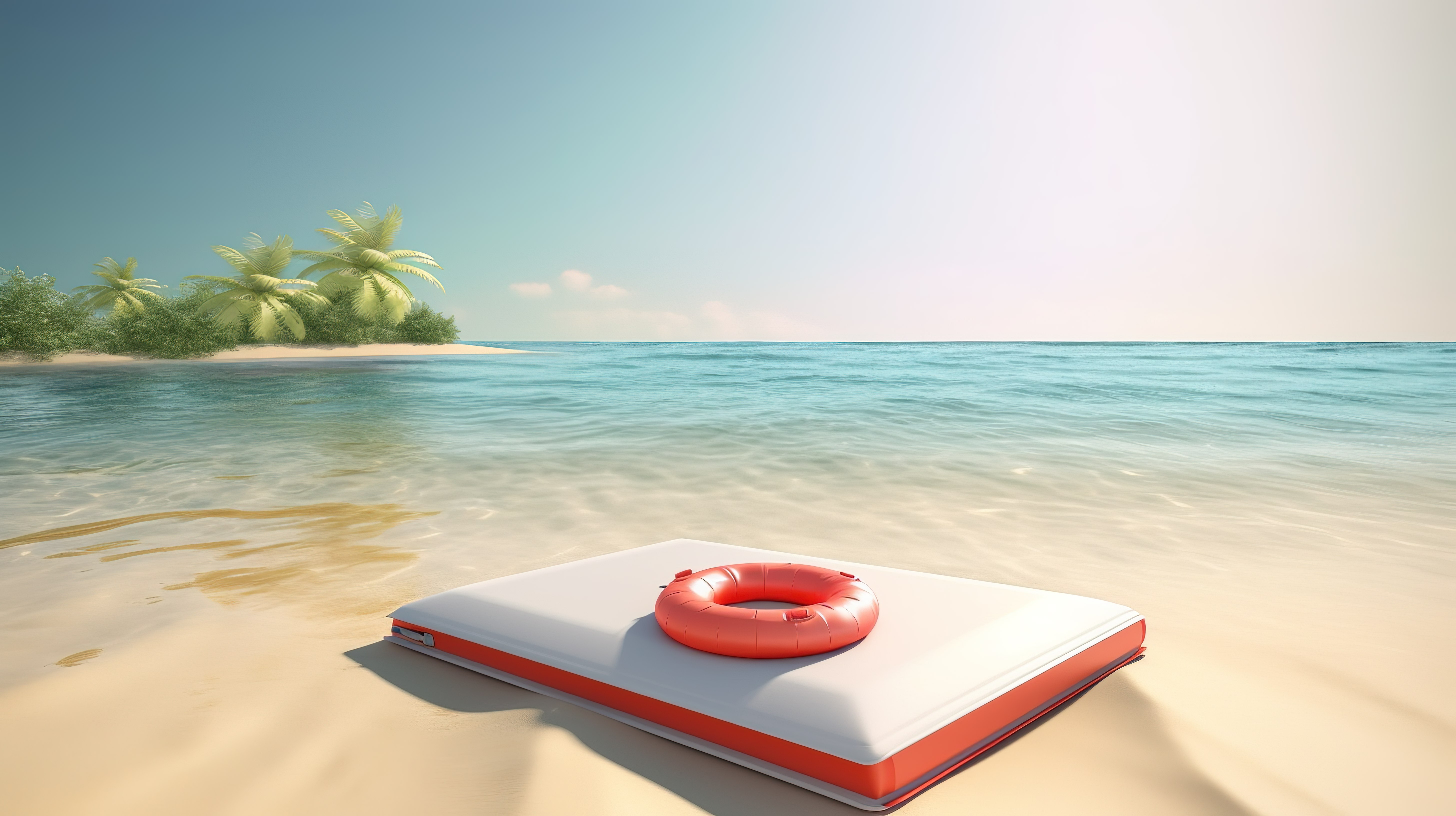 暑假氛围 3d 渲染海滩，游泳床垫书球和漂浮在海中的救生圈图片