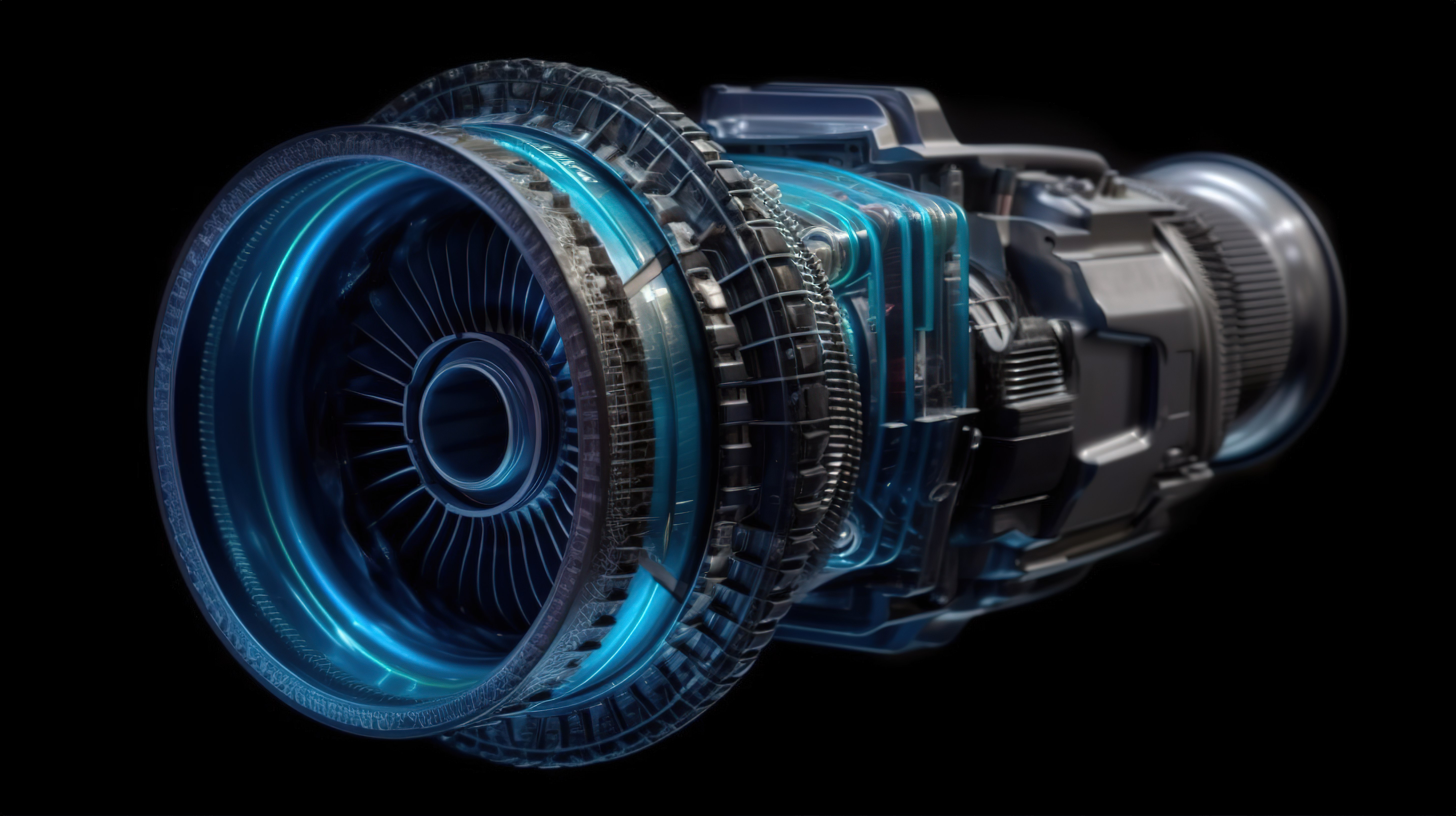 从侧面看喷气发动机的 3D 渲染，在黑色背景上隔离，带有蓝色口音图片