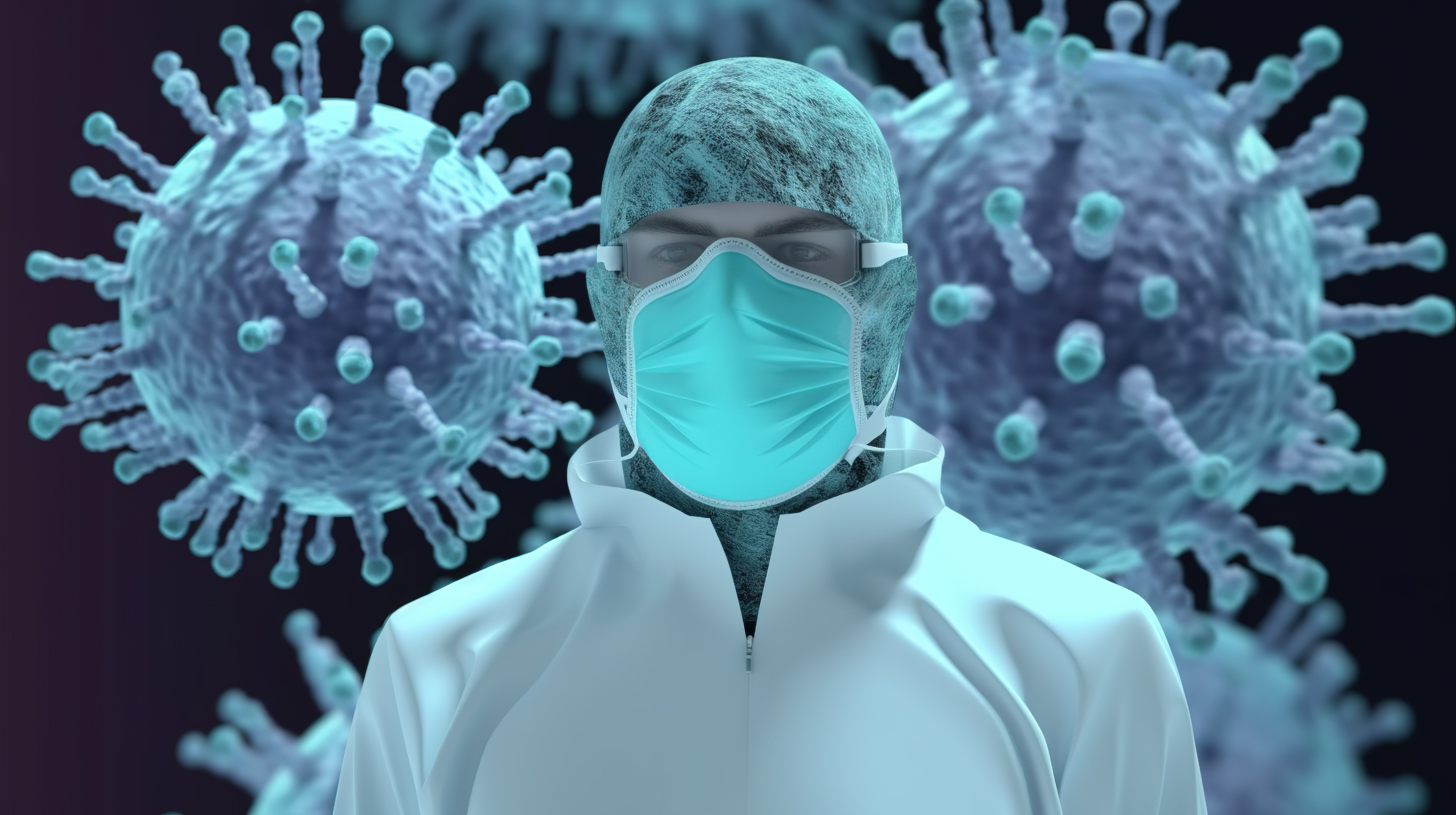 3d 医疗专业人员戴着面具展示病毒或细菌图片