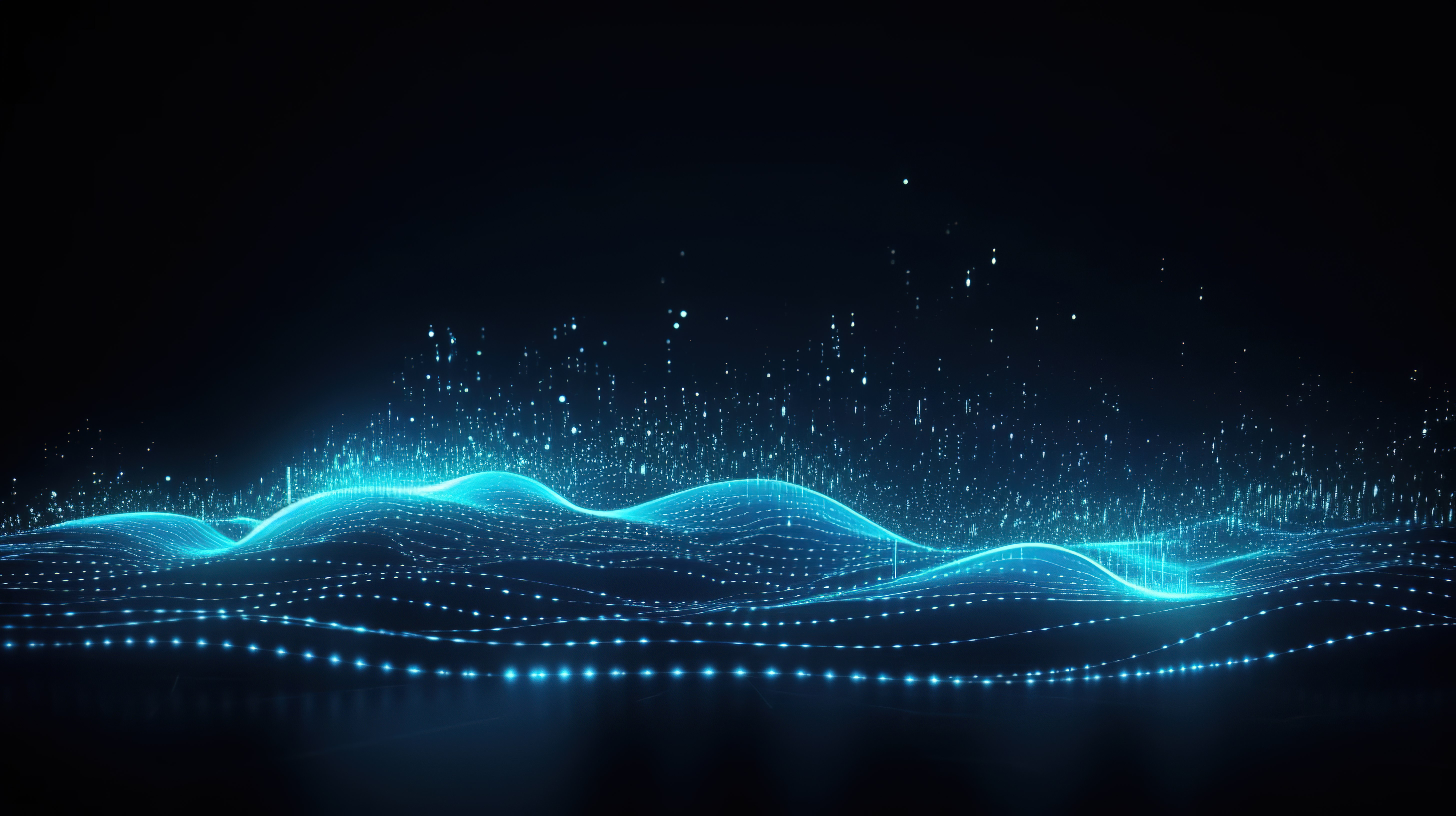 具有 3d 波浪设计蓝色霓虹线点粒子和大数据网络的抽象技术背景图片
