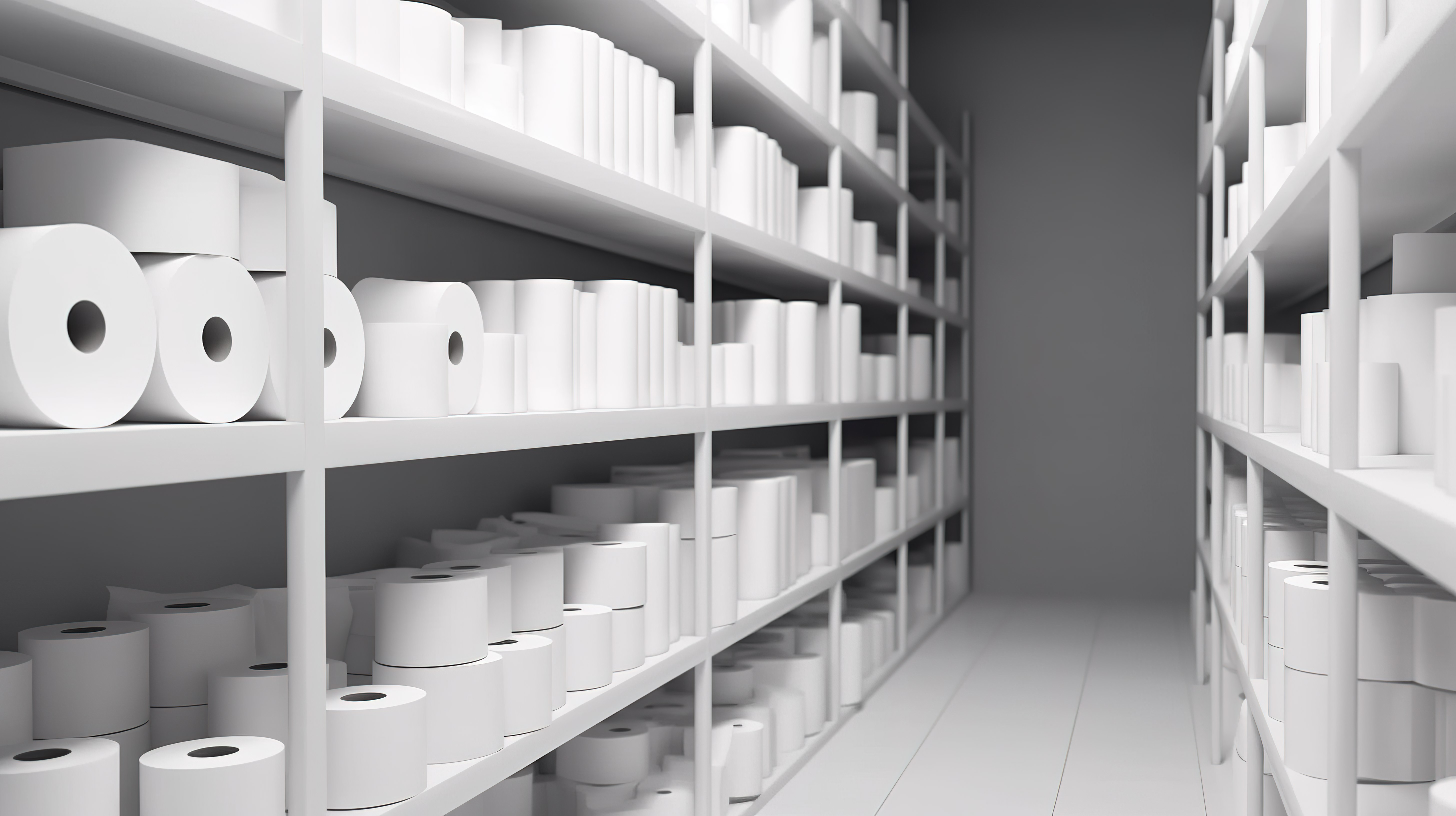 用 3D 渲染在商店货架上展示白色卫生纸包装图片