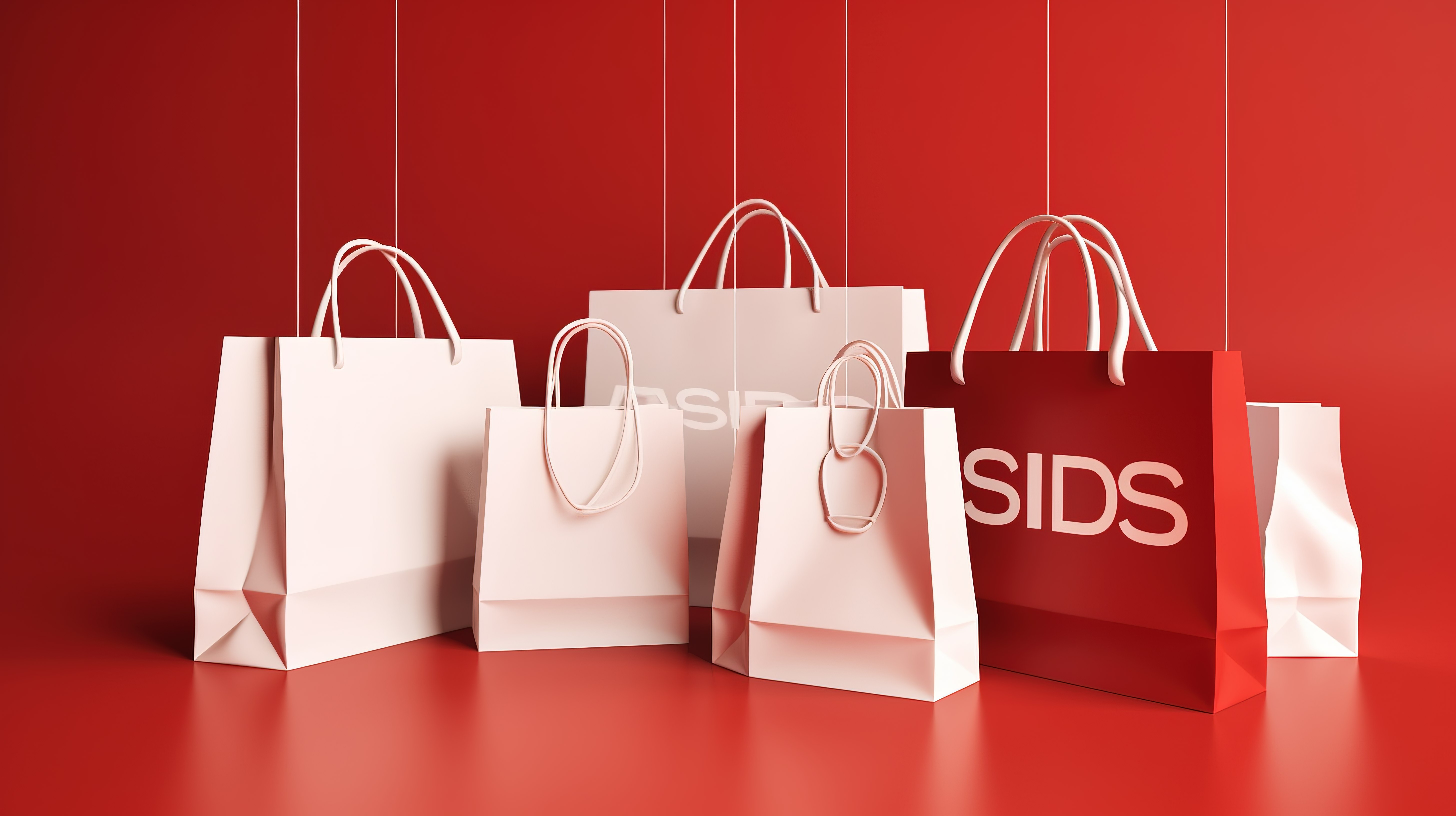 红色背景与白色销售标志购物袋和 3d 渲染中的销售标签图片