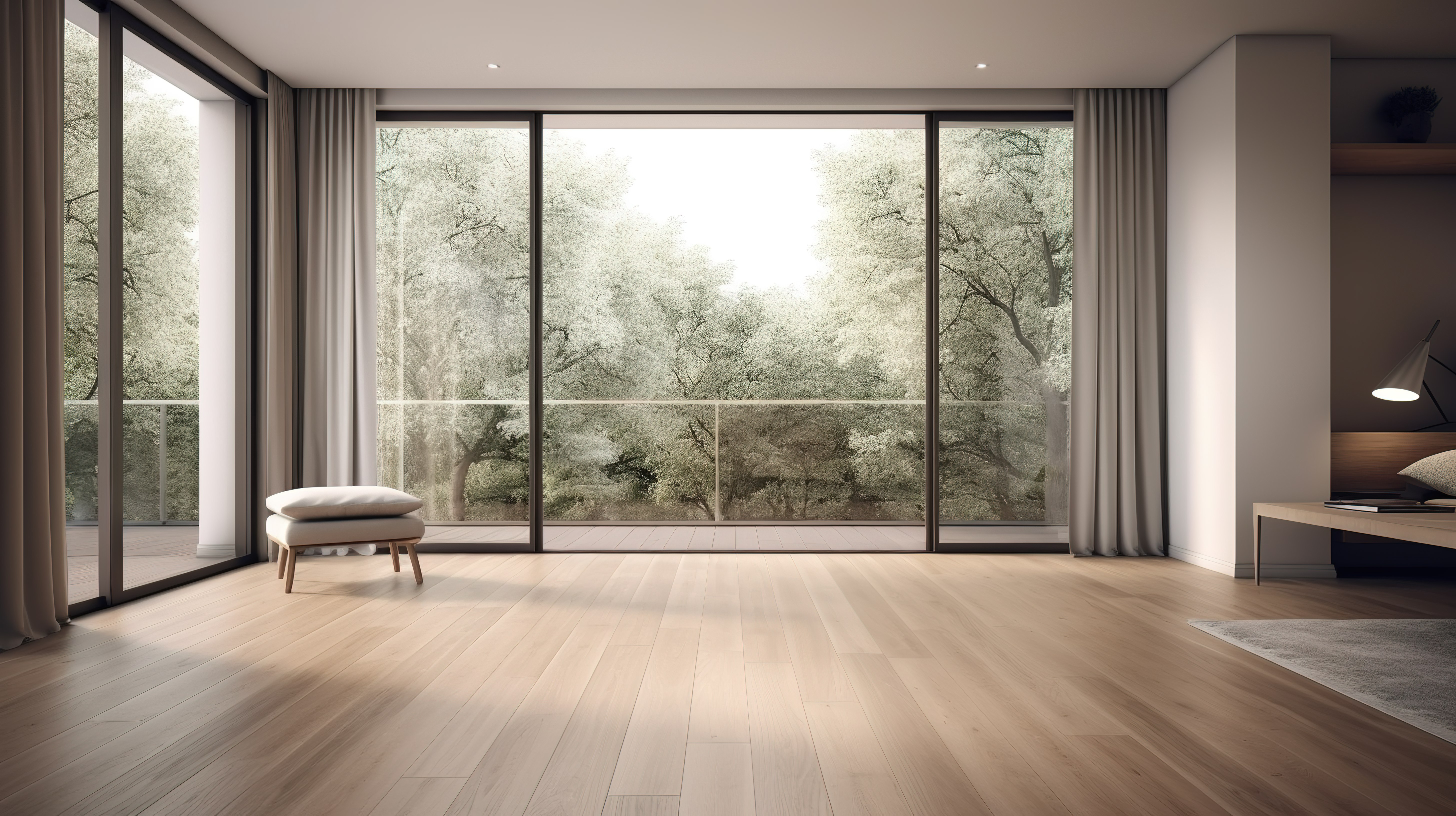 现代豪华房间的精致 3D 渲染，配有木地板和阳台，背景是青翠的树木，设有大窗户和门图片