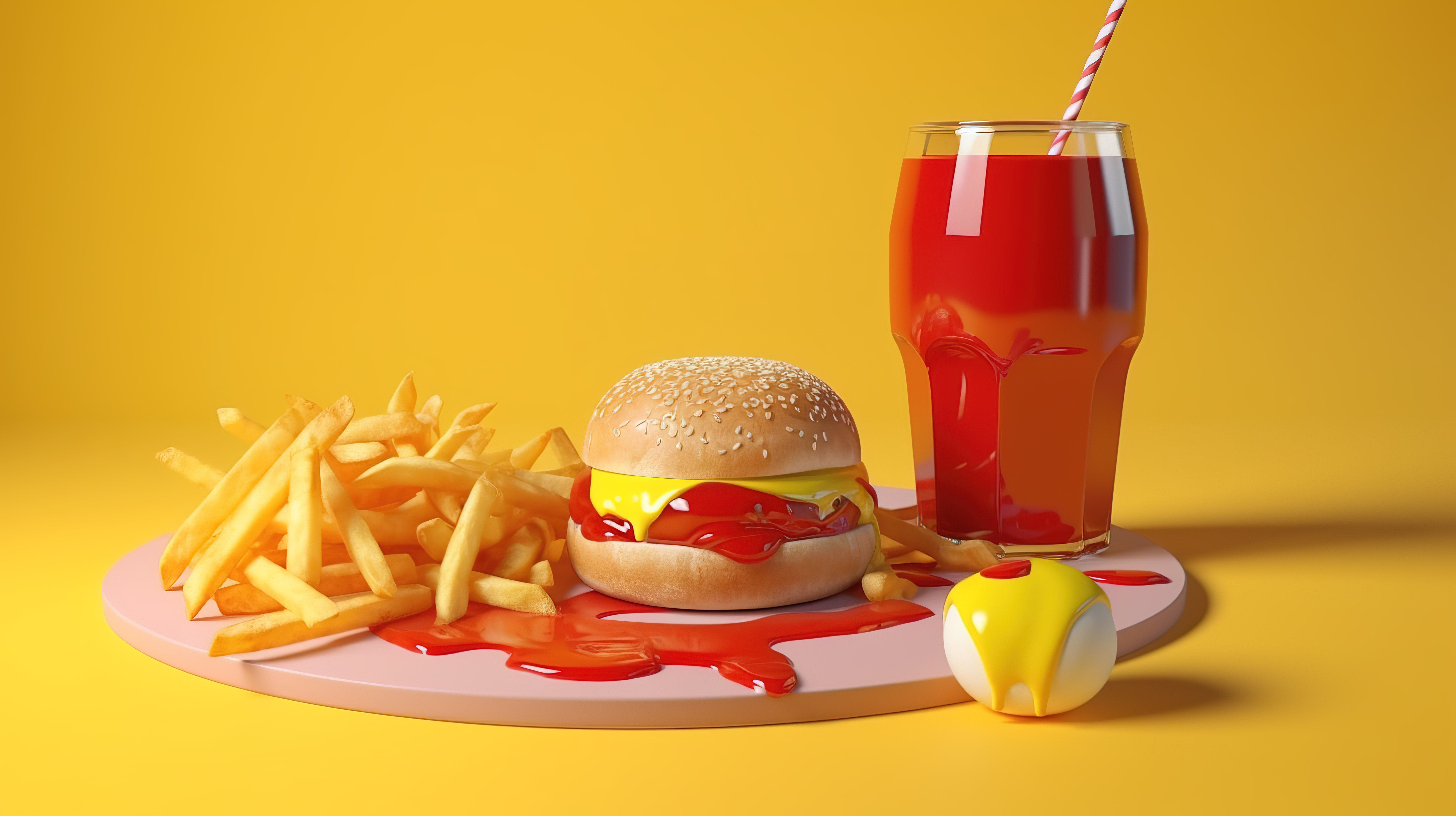 黄色背景 3D 渲染上的美式早餐的最小设计模板，包括汉堡薯条番茄酱和苏打水图片