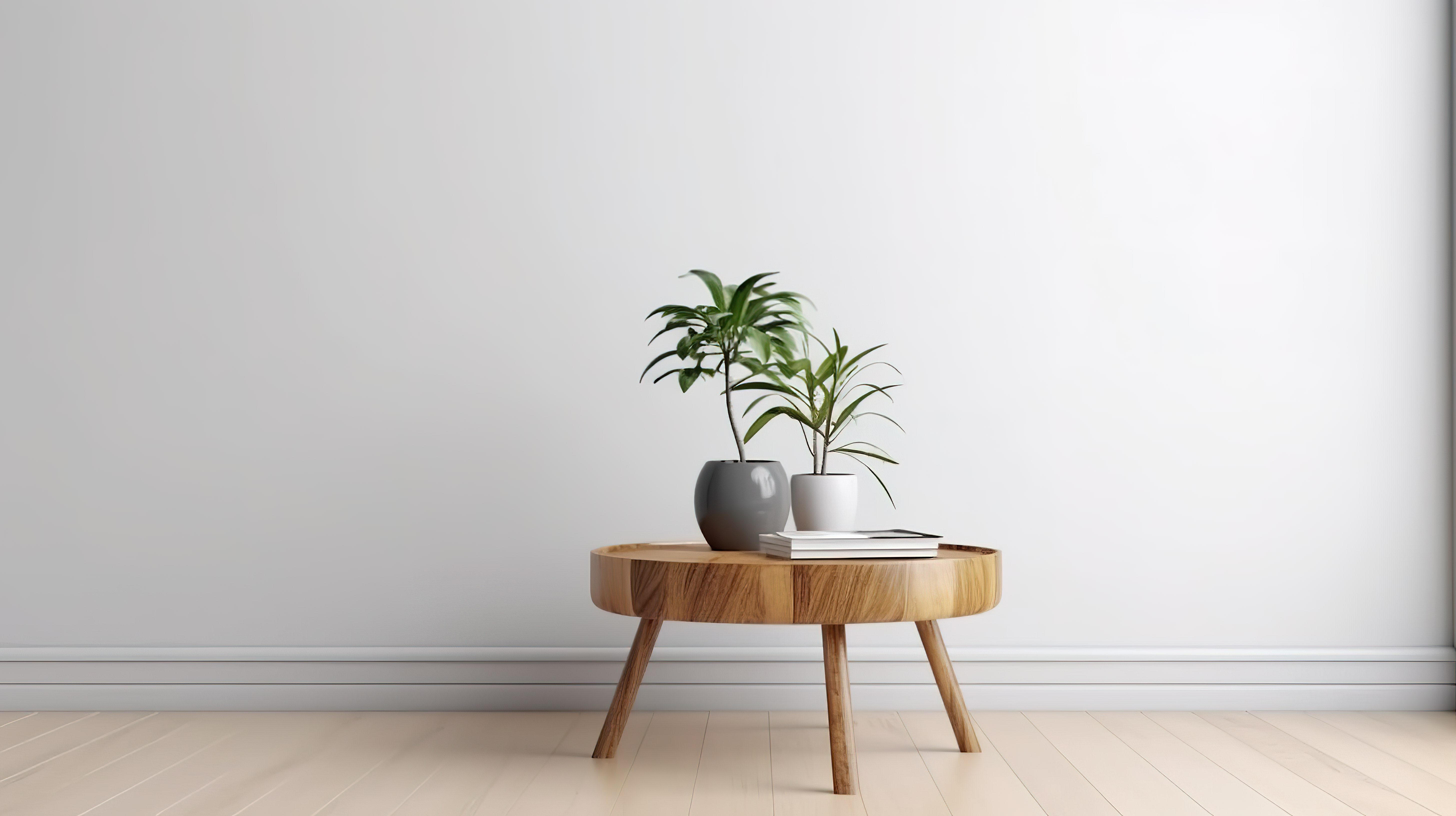 带白墙的 3D 渲染室内植物装饰木制边桌图片