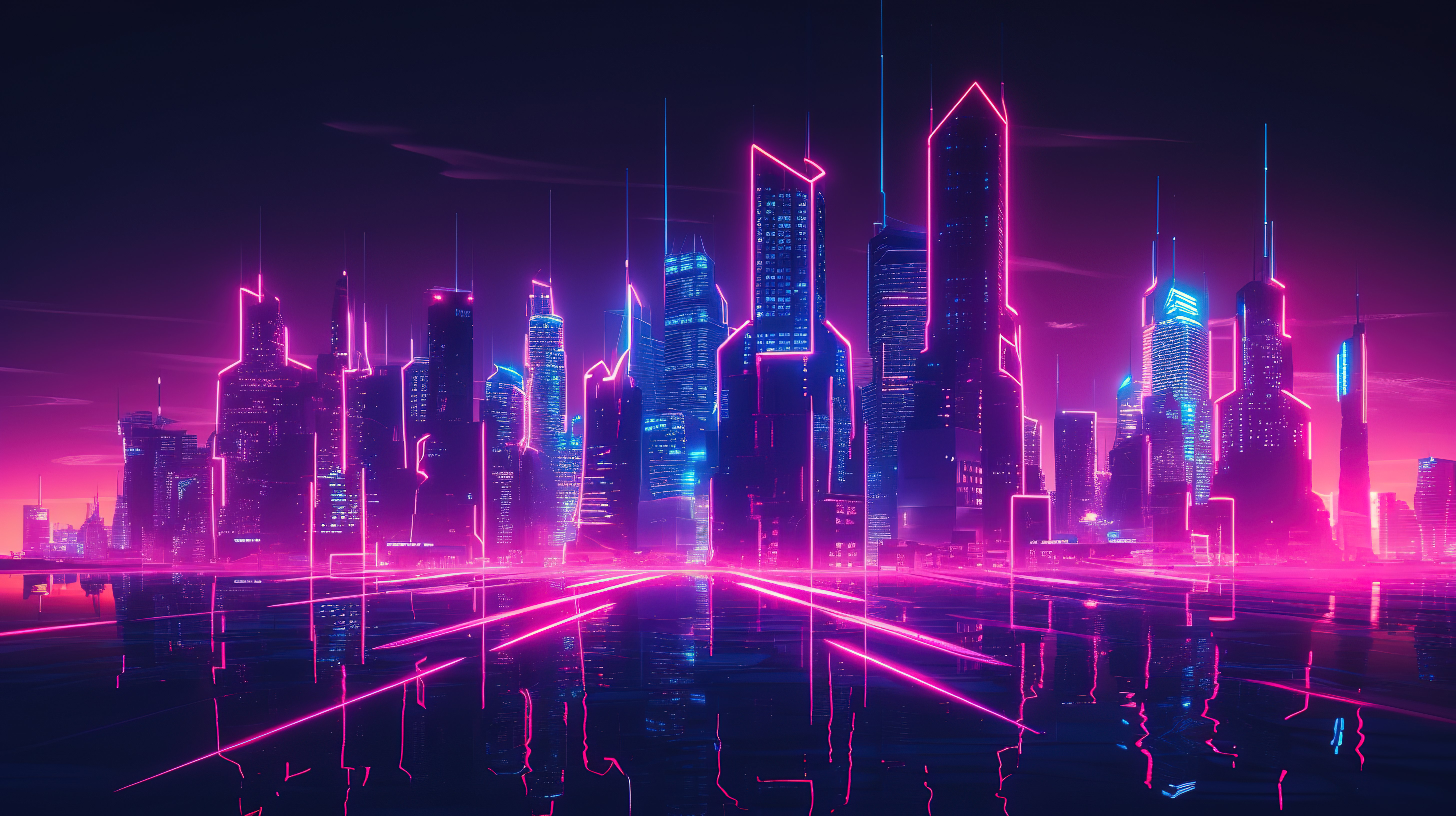 3D 合成波时代的发光赛博朋克大都市，霓虹灯点亮的摩天大楼和未来网格景观图片