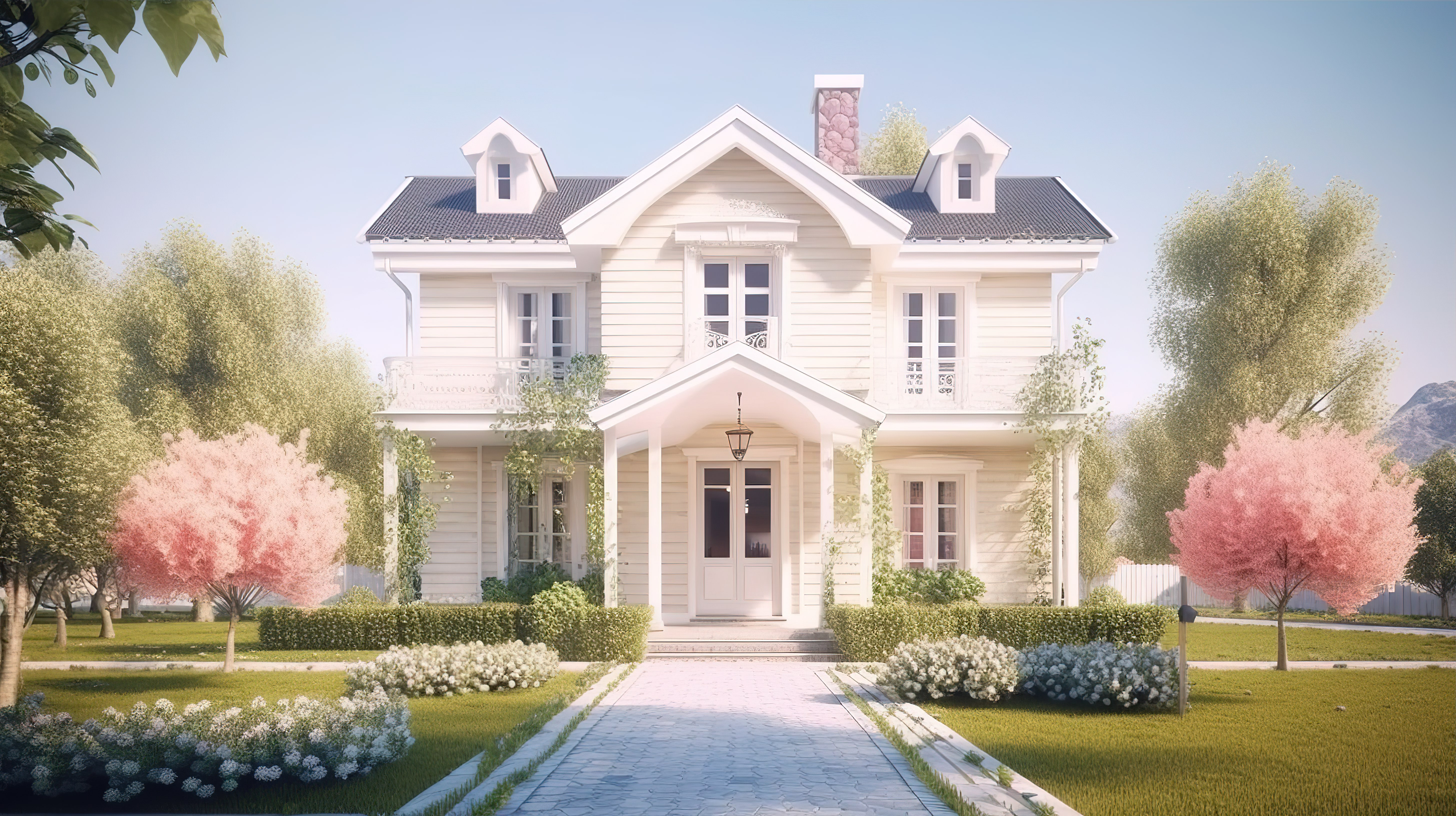 令人惊叹的 3D 插图，展示了一座白色入口房屋，位于迷人的社区，拥有美丽的草坪和宜人的花园图片