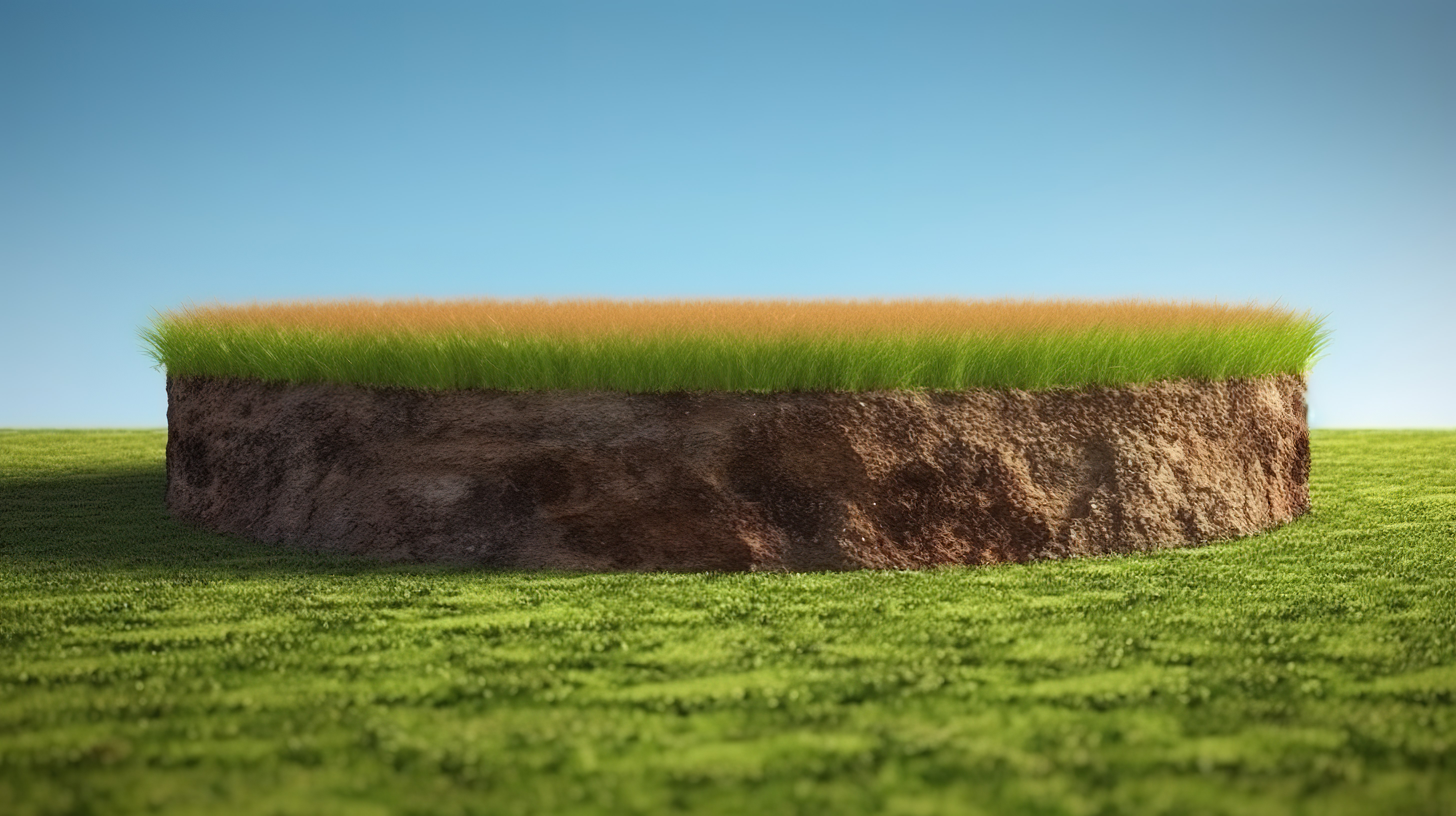 以 3D 形式描绘的草地讲台，在蓝天的背景下展示了郁郁葱葱的绿草的土壤横截面图片