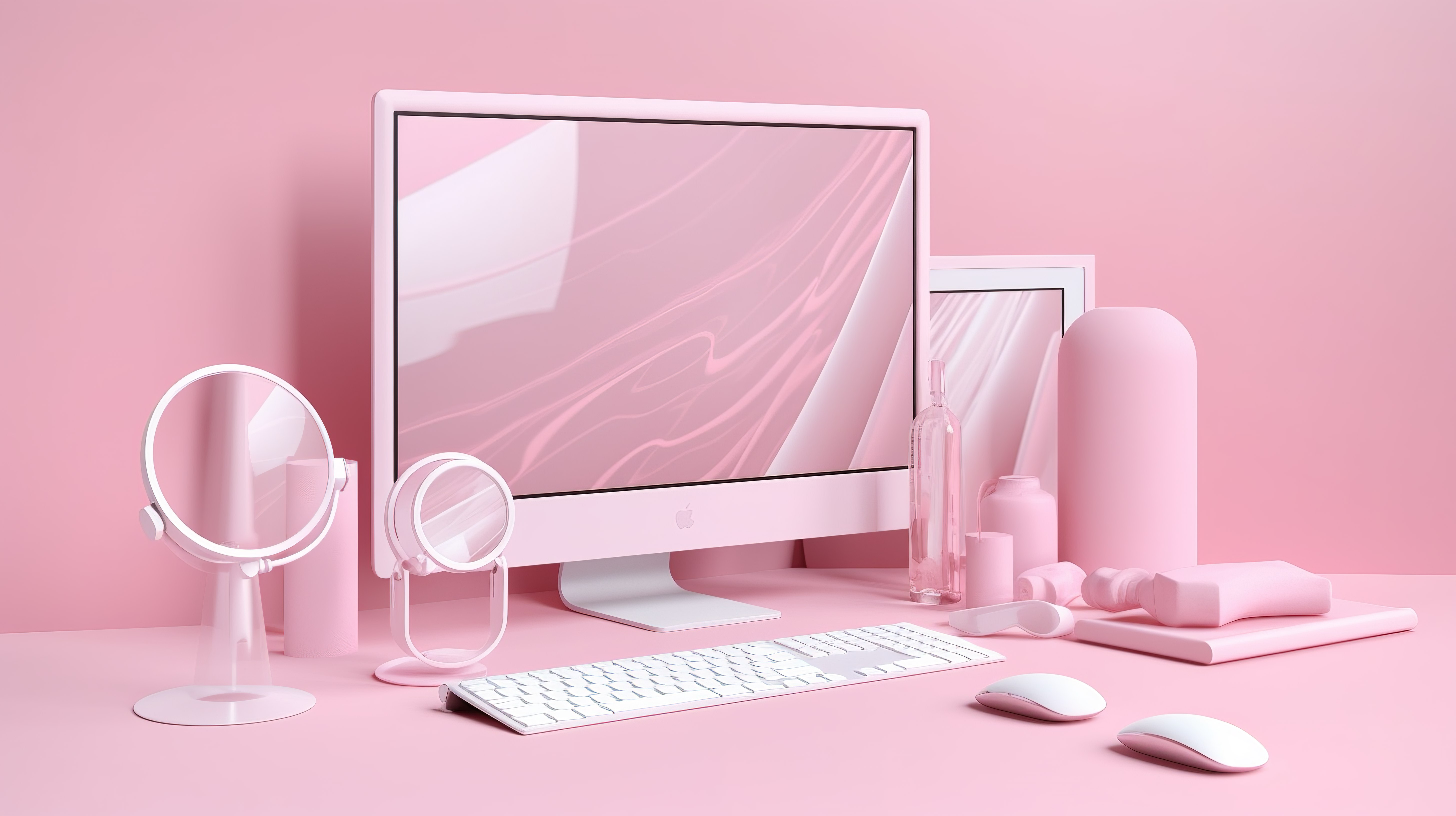 现代最小搜索引擎界面在线浏览器窗口在多个计算机屏幕上的 3d 渲染与操作系统模型白色主题和粉红色柔和背景图片